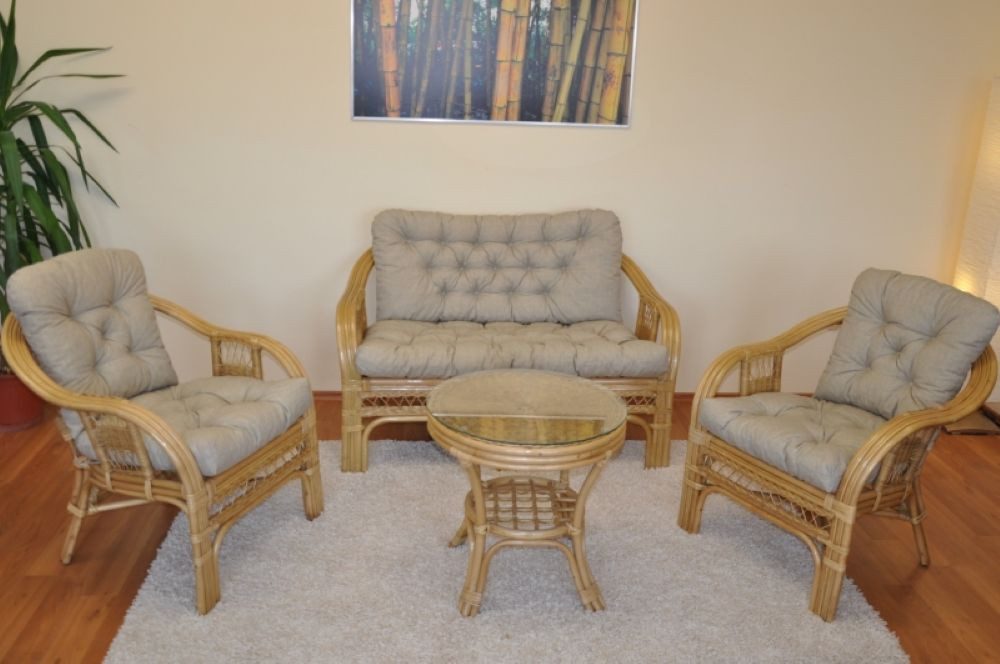 Rattani Rattanstuhl Rattangarnitur Rattangruppe Rio Rattansessel Sofa Rattantisch, Rattangarnitur mit Sofa, Sessel, Tisch und hochwertigen Kissen