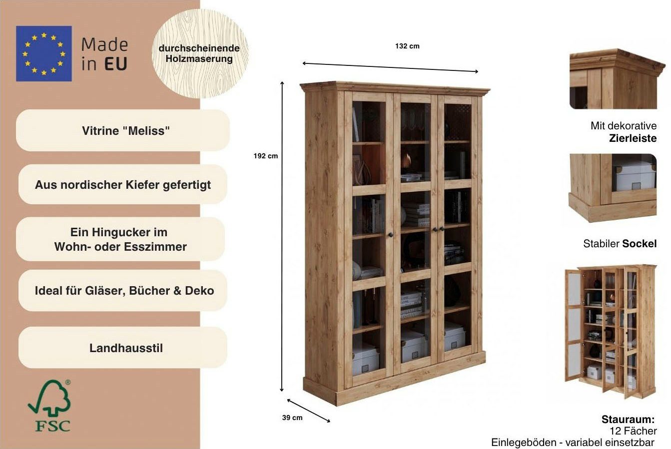 OTTO home Vitrine Melissa aus massiver Kiefer, mit viel Stauraum
