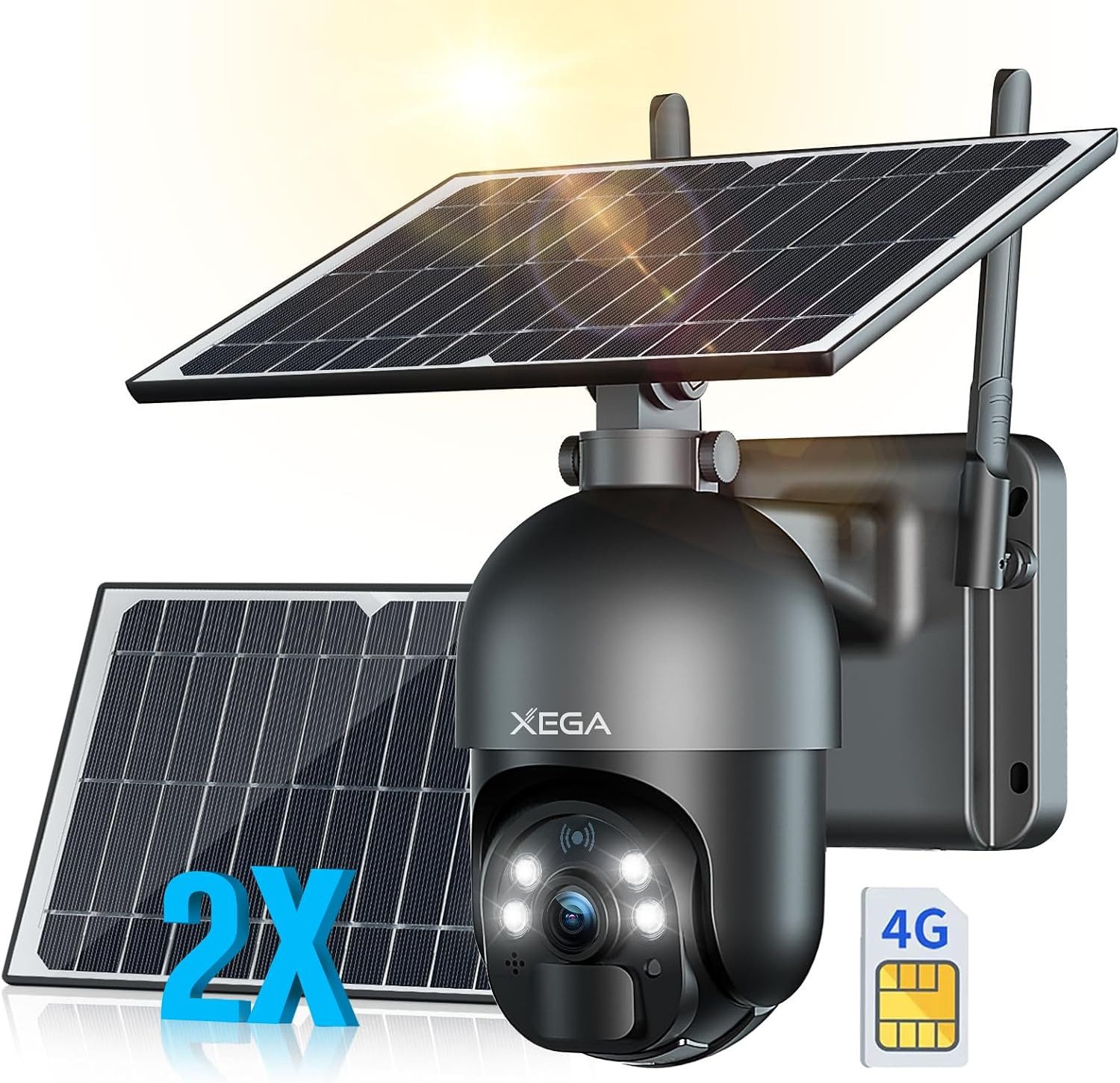 XEGA Überwachungskamera 2 Solar Panels 4G LTE Wireless Solar Security Camera (Night Vision, Two-Way Audio, SIM Card Included, 2K Outdoor Camera 355°/95°, PIR Motion Sensor)