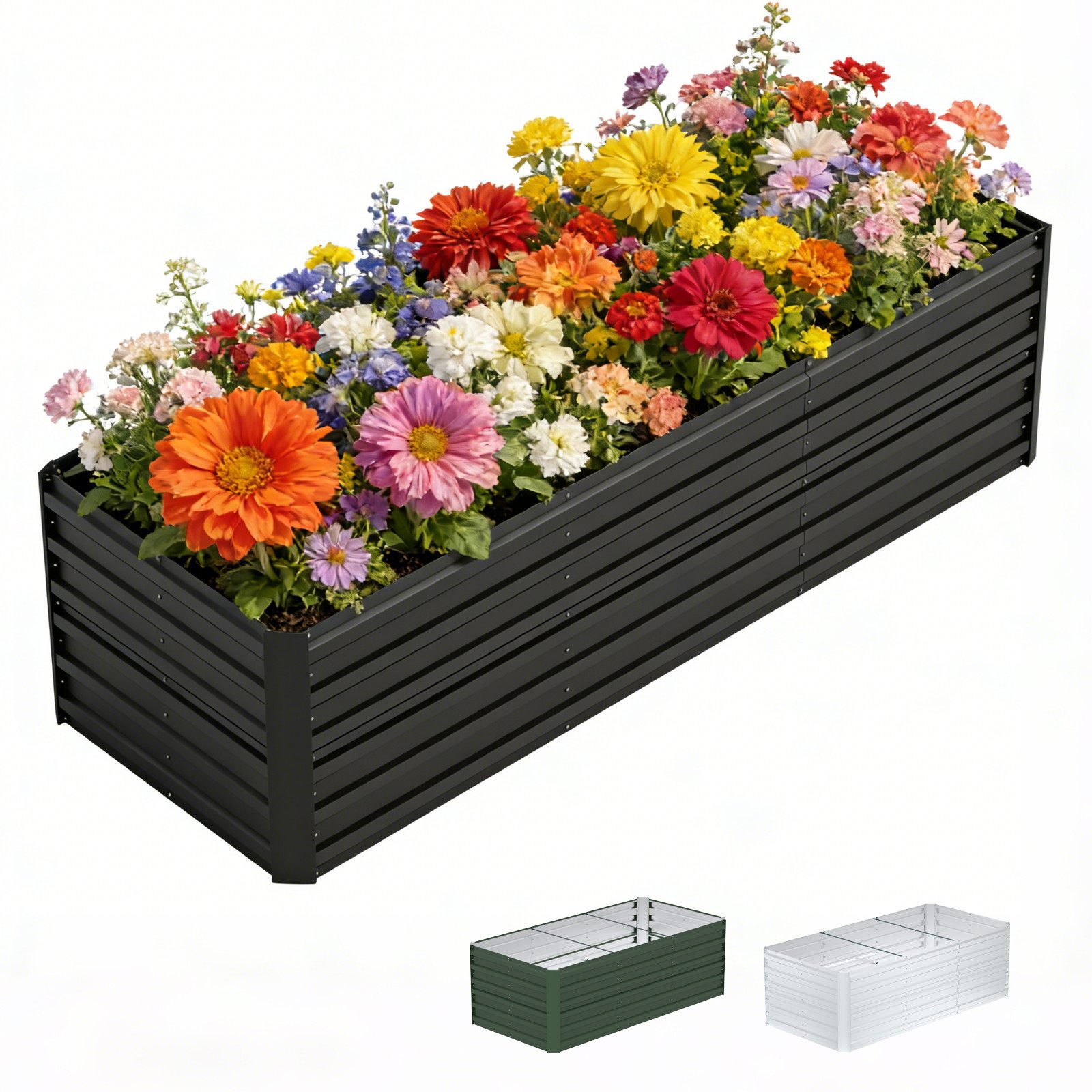 Ferghana Hochbeet Metall Rechteckig Verzinktes Gartenbeet (4 Größen S/M/L/XL & 3 Farben Schwarz/Grün/Silber, Bodenloses Pflanzbeet Rostfrei Wetterfest), Für Gemüse Kräuter Blumen Garten Balkon Terrasse