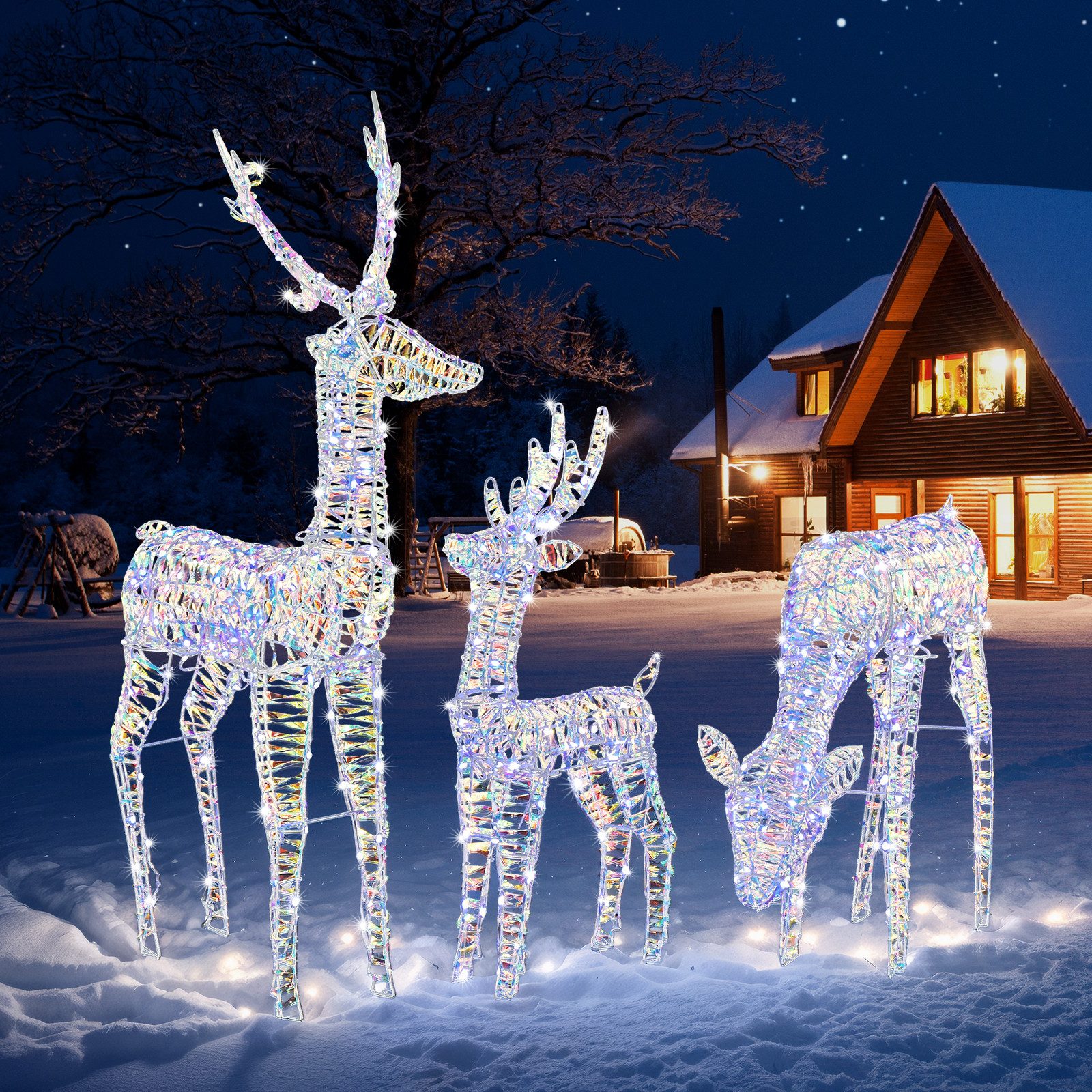 VINGLI LED-Dekofigur Leuchtendes Weihnachtsdeko, 3-teiliges Rentier-Familien-Set, 270 warmweiße LED-Lichtern, für Innen & Außen, mit Erdspießen, Weiß