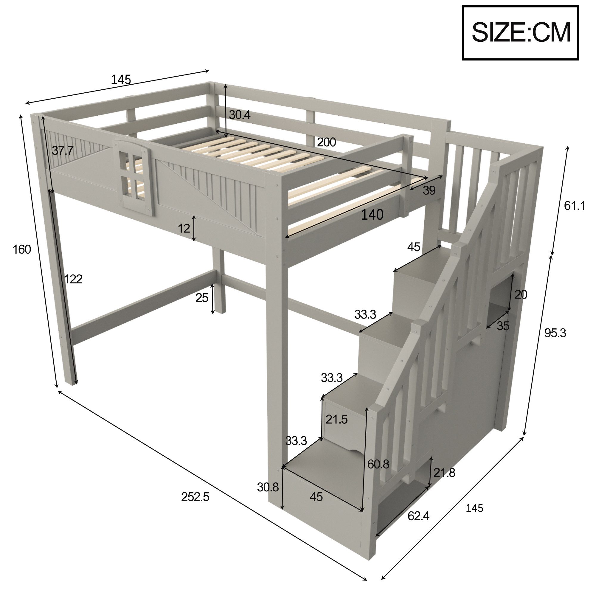Celya Hochbett Massivholz Multifunktionsbett 140 x 200 cm mit Stauraum (ohne Matratze, Mit Einzigartigem Sicherheitsgitter Mit Fenster) Beidseitig Austauschbare – Bild 2 von 5