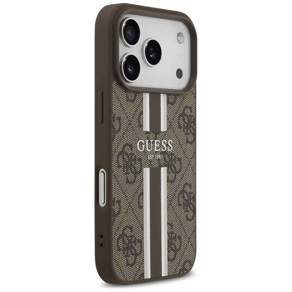 Guess Handyhülle Case iPhone 17 Pro MagSafe Kunstleder braun Logo Streifen 6,3 Zoll, Kantenschutz – Bild 4 von 5