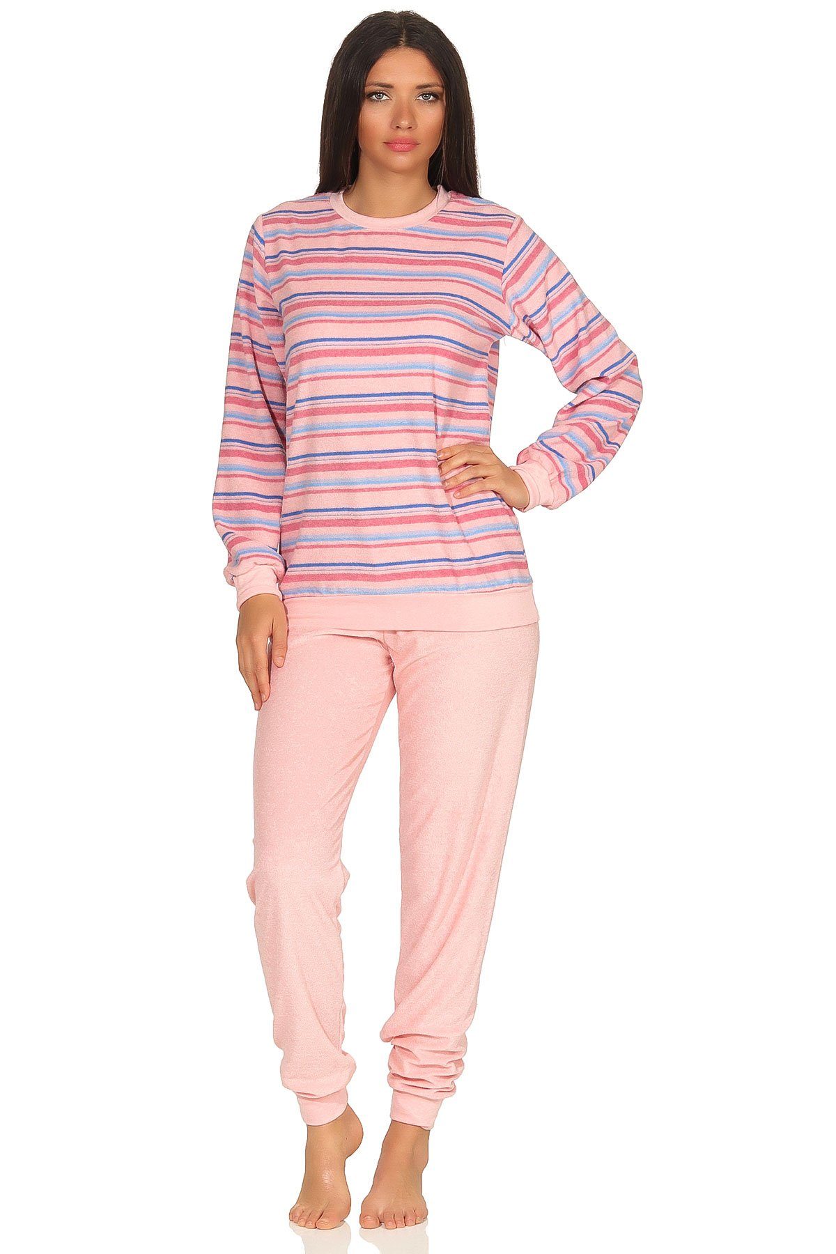 Normann Pyjama Damen Frottee Pyjama mit Bündchen in tollem Streifendesign rosa