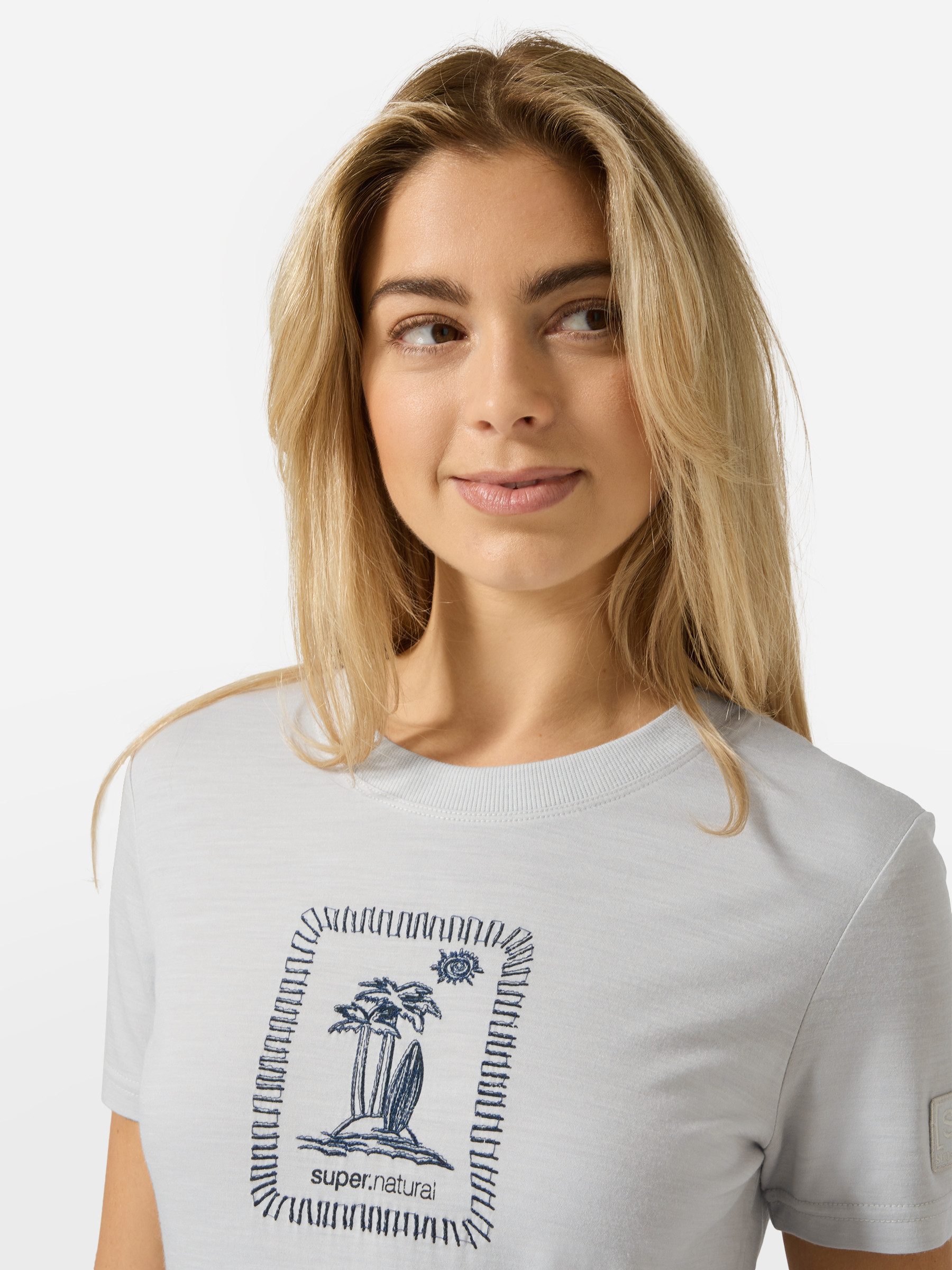 SUPER.NATURAL T-Shirt für Damen, nachhaltig, Merino mit Sommer-Motiv, atmungsaktiv