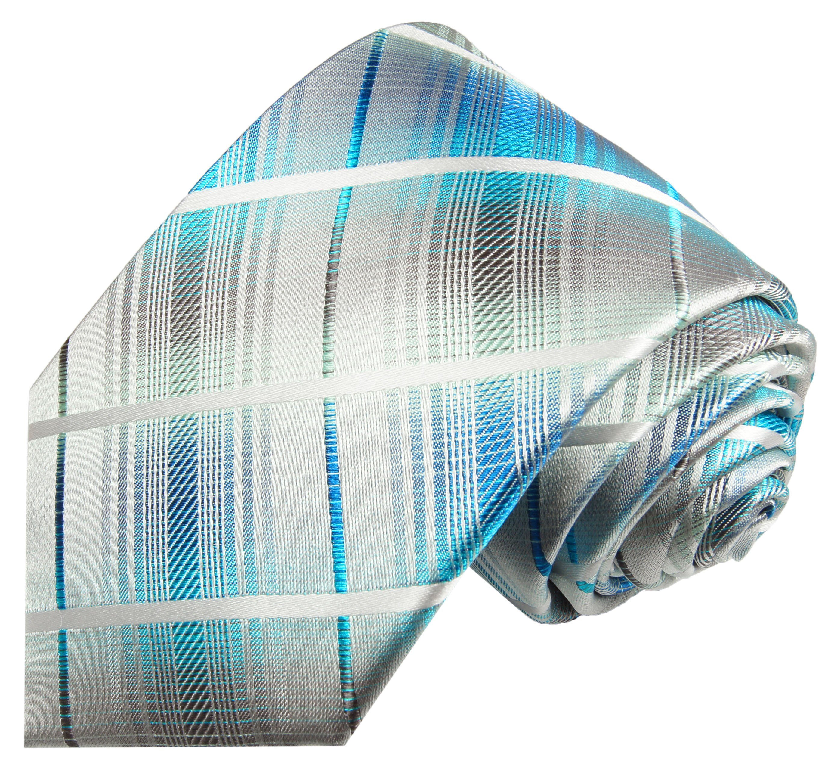 Herren türkis Einstecktuch) Paul 2-St., 2027 Krawatte (6cm), mit gestreift (Set, Seidenkrawatte Krawatte Schmal modern Seide Tuch mit grau Malone 100%