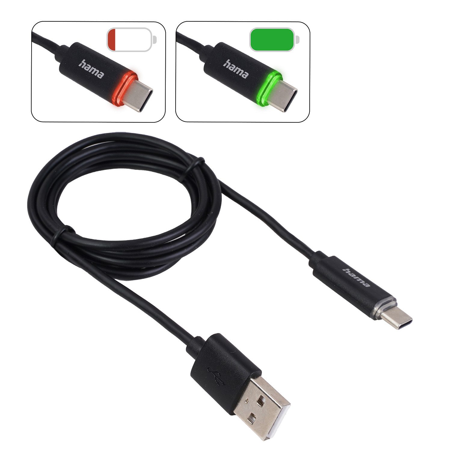 Hama USB-A auf USB-C Kabel mit LED-Ladeanzeige Blitz-Kabel, USB-A,USB-C, Kein (100 cm), Ladekabel Datenkabel USB Type C
