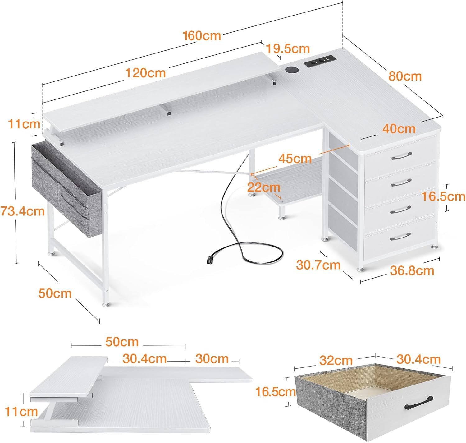 ODK Eckschreibtisch L-Form mit 4 Schubladen, 2 USB Ladeanschlüssen & 2 Steckdosen