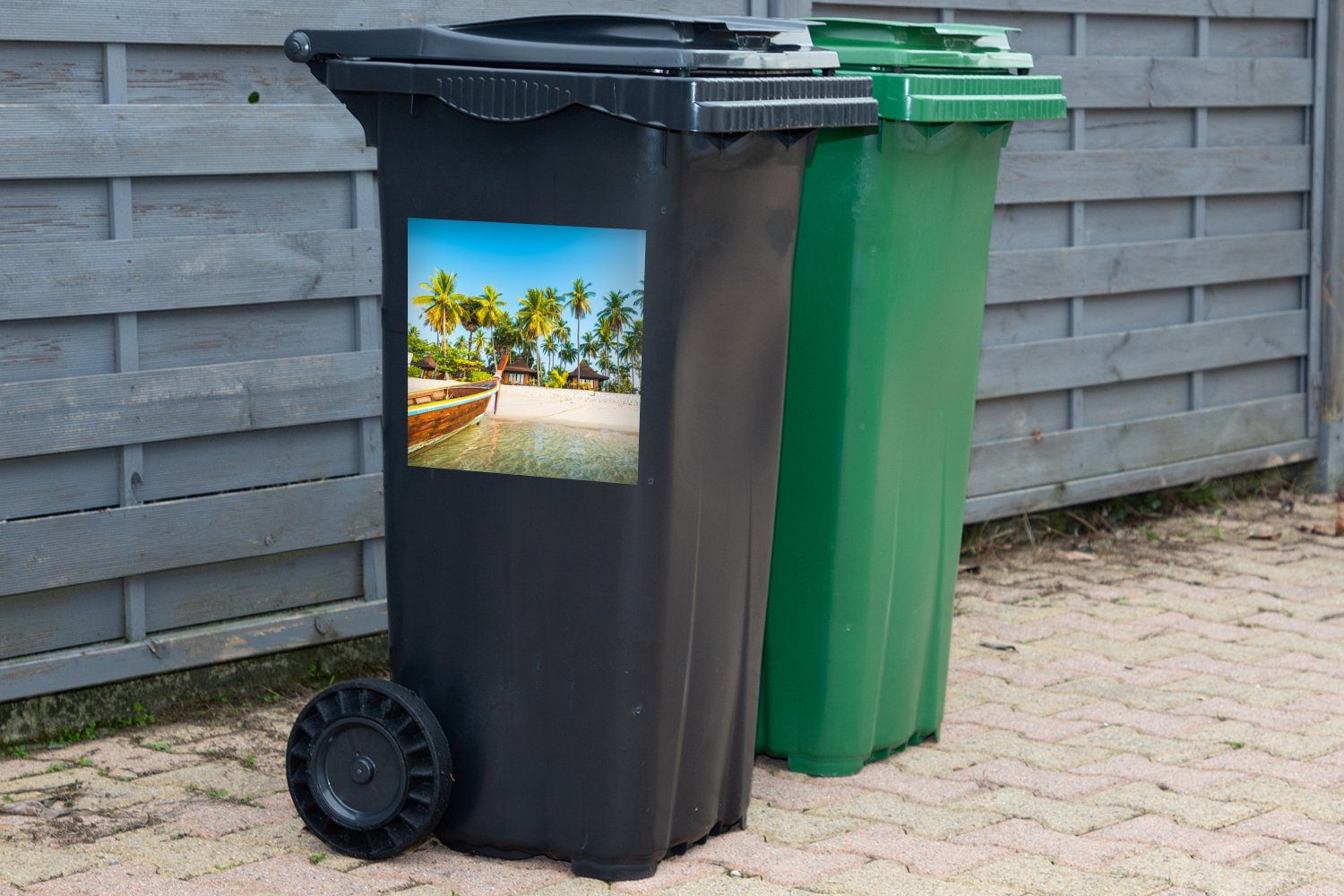 Abfalbehälter Mülleimer-aufkleber, - St), (1 Wandsticker Container, MuchoWow Mülltonne, Kajak - Sticker, Strand Sommer
