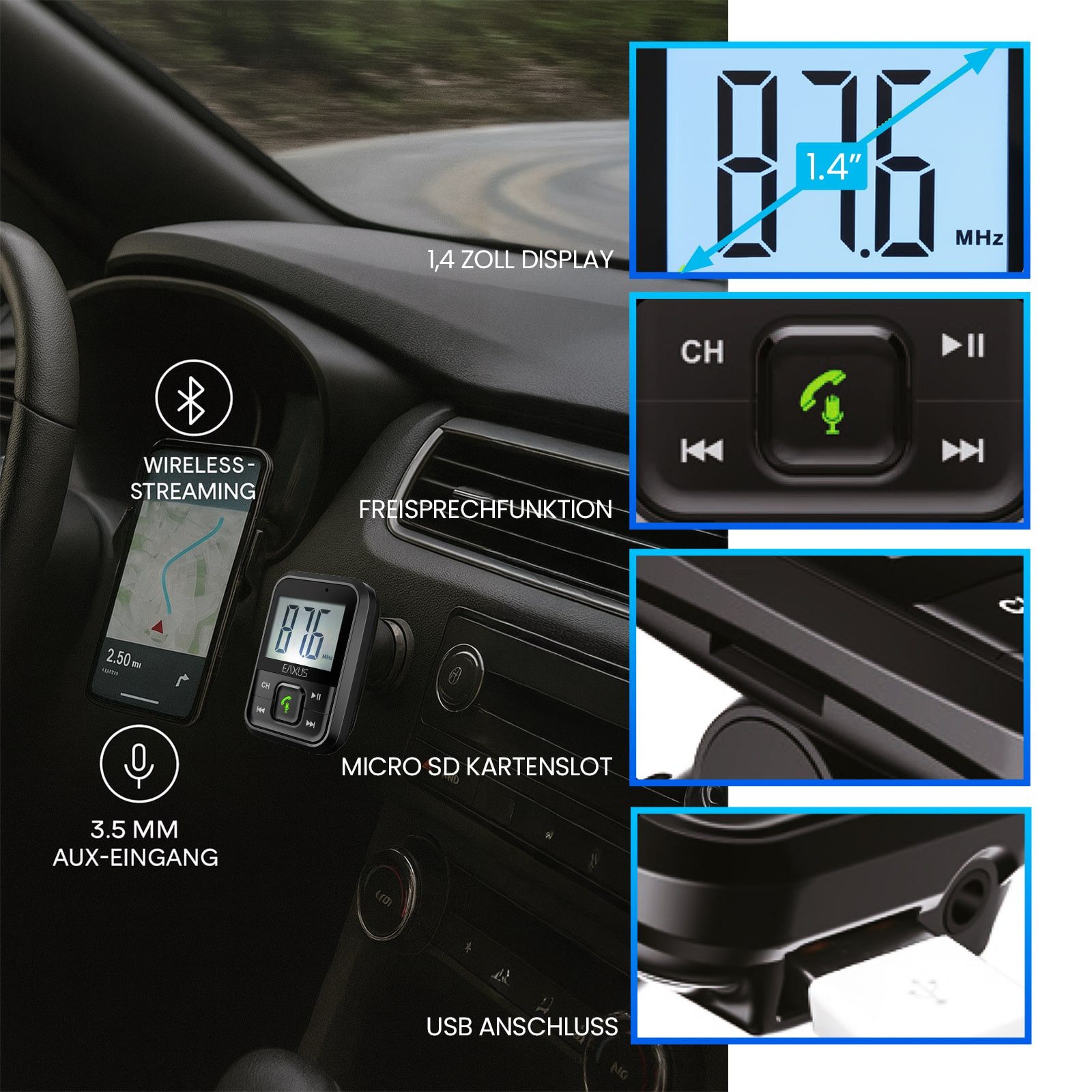 EAXUS Bluetooth FM-Transmitter für Wiedergabe Smartphone -> Autoradio, KFZ-Transmitter Bluetooth, USB-Sticks, 3,5-mm-Klinke, microSD, Mit Freisprechfunktion und USB-Anschluss zum Laden