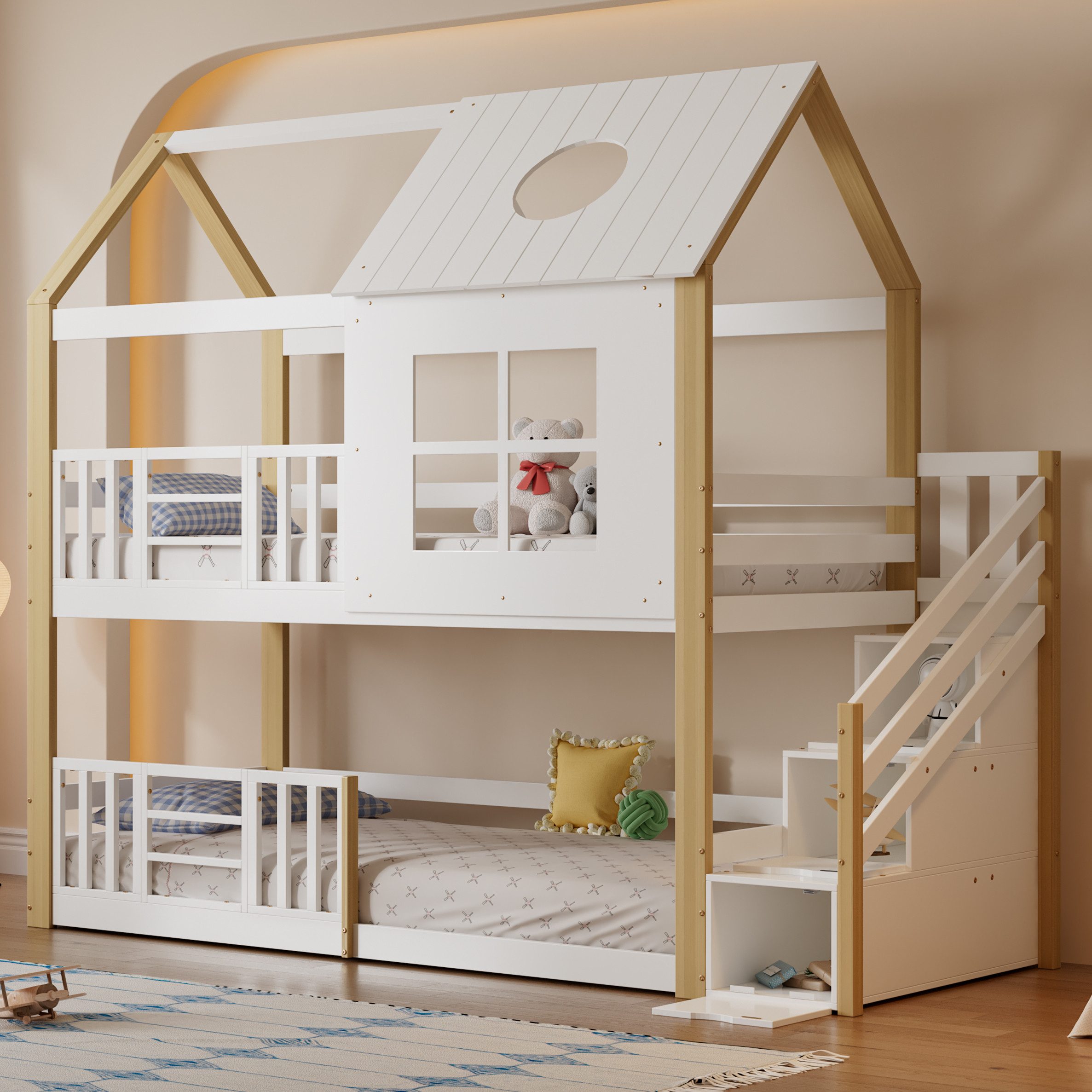 WISHDOR Etagenbett Holzbett mit Fenster und Dach (mit Aufbewahrungstreppe, Hausbett, Kinderbett, mit Fallschutzgitter), ohne Matratze