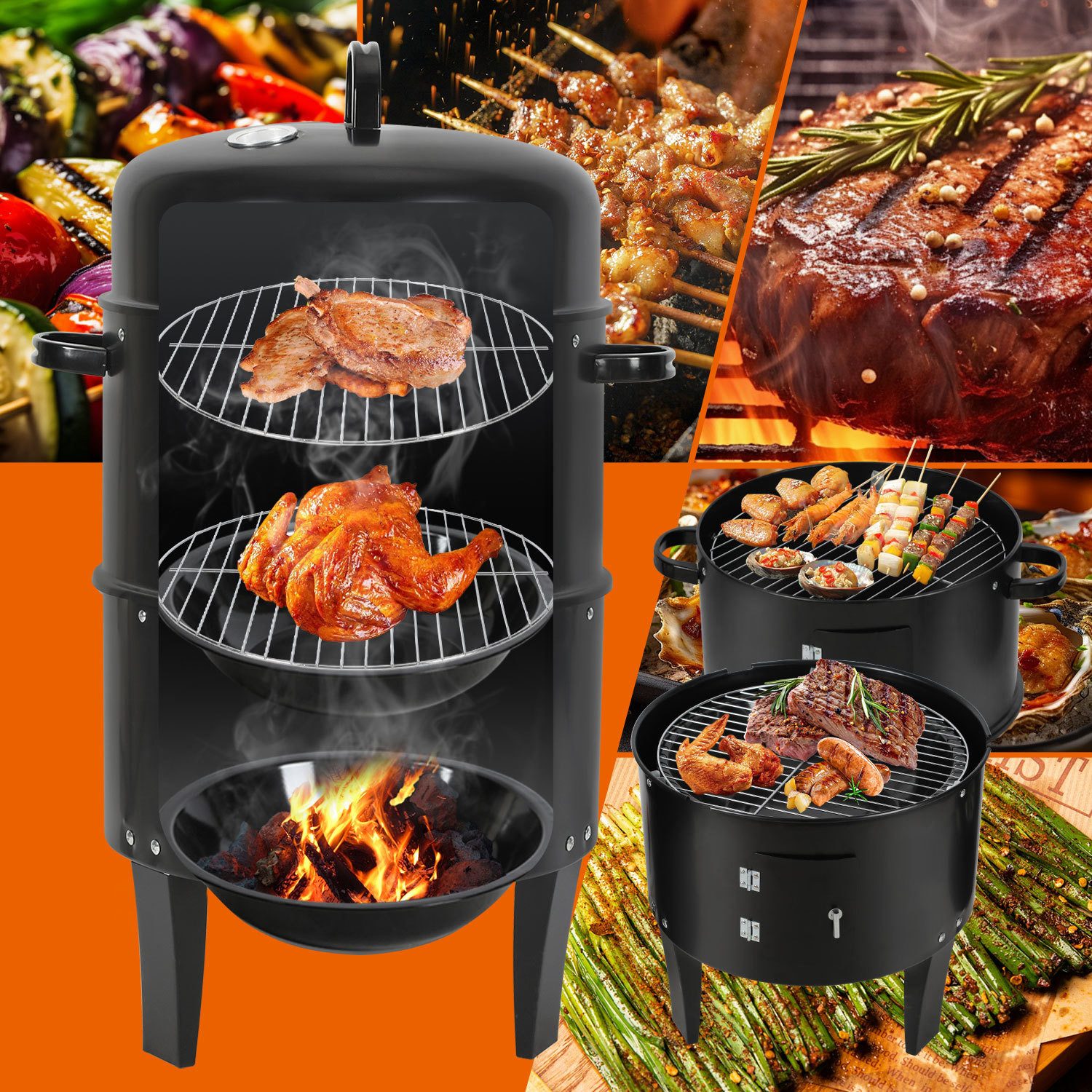 Clanmacy Feuerschale 3 in 1 Räuchertonne Ø 40 cm Räucherofen Holzkohlegrill Räuchergrill