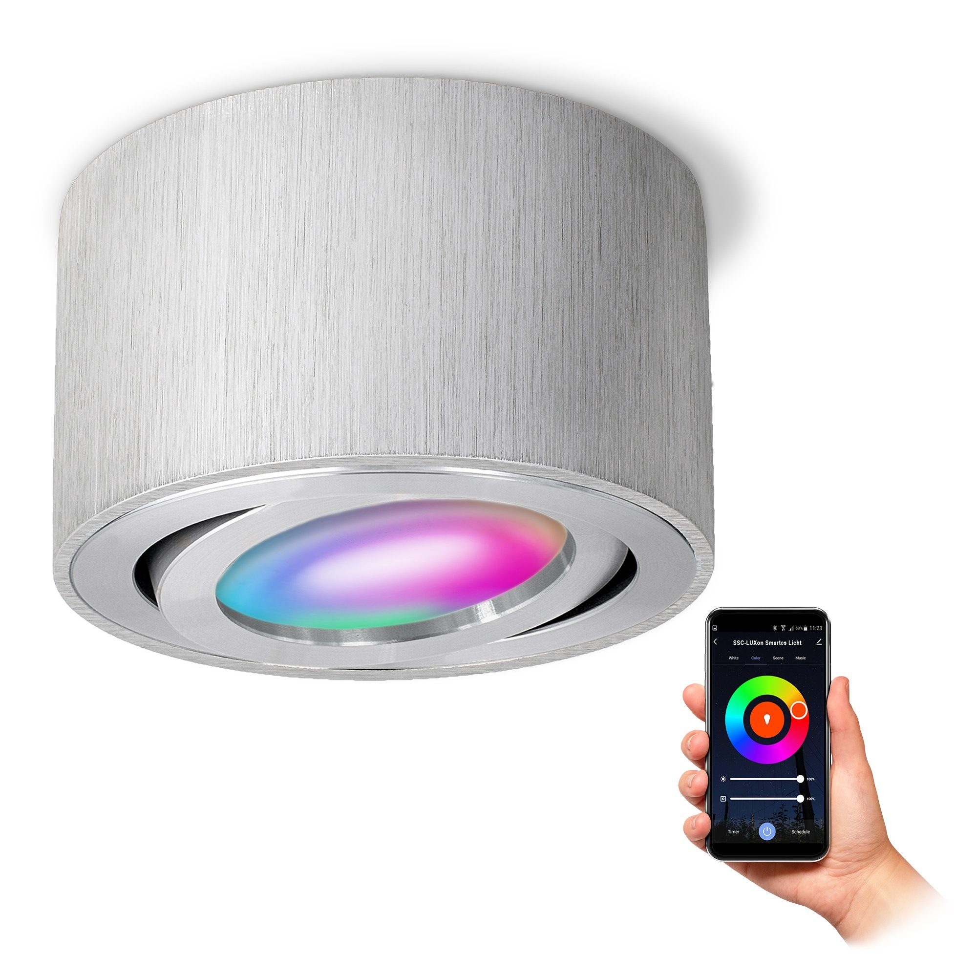 SSC-LUXon LED Aufbaustrahler CELI-1A Aufbaustrahler flach Alu gebuerstet schwenkbar mit WiFi LED, RGB & Weißtöne
