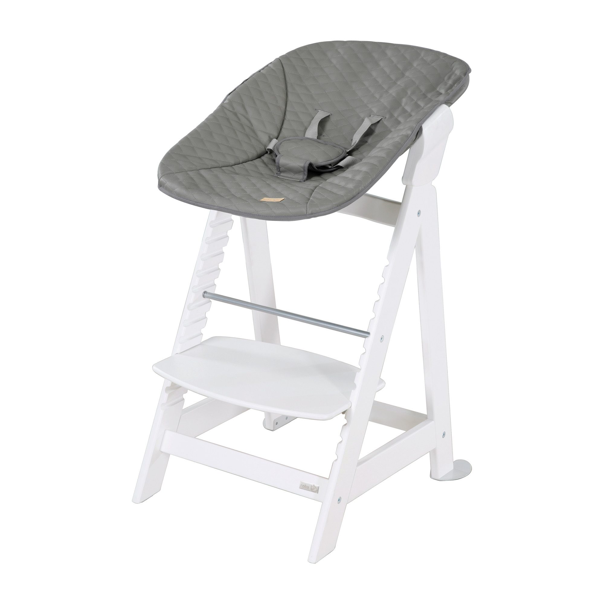 roba® Hochstuhl Born Up Click, Stone gesteppt - mit Aufsatz für Neugeborene, ab Geburt, 2-in-1 Treppenhochstuhl in Weiß - Höhenverstellbar - Kinderhochstuhl