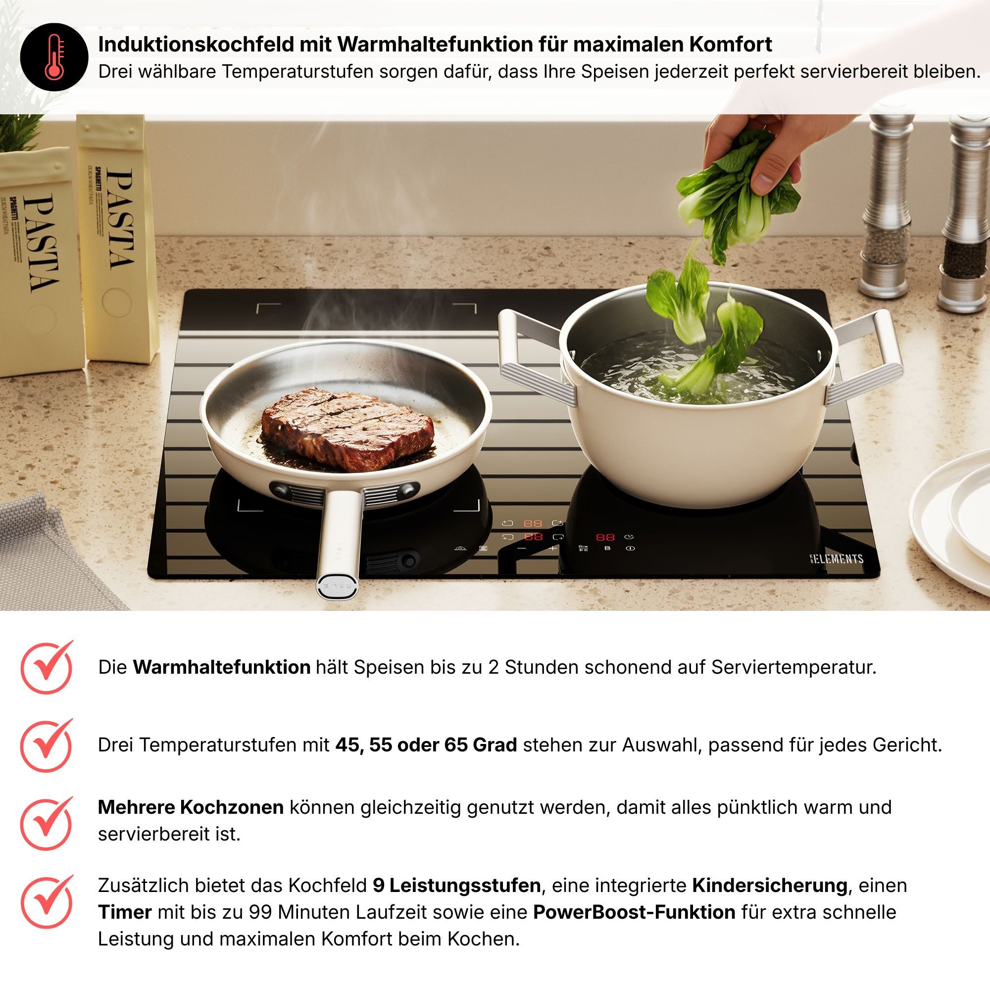 KB Elements Induktions-Kochfeld, EU Stecker, Flexzone, Warmhaltefunktion