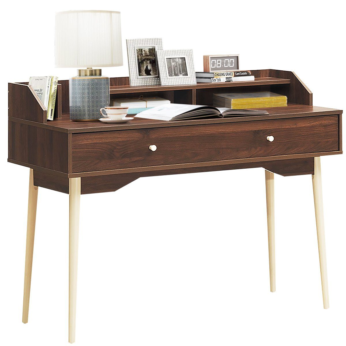 COSTWAY Schreibtisch, mit Schublade, aus Massivholz, 120 x 50 x 93 cm Braun