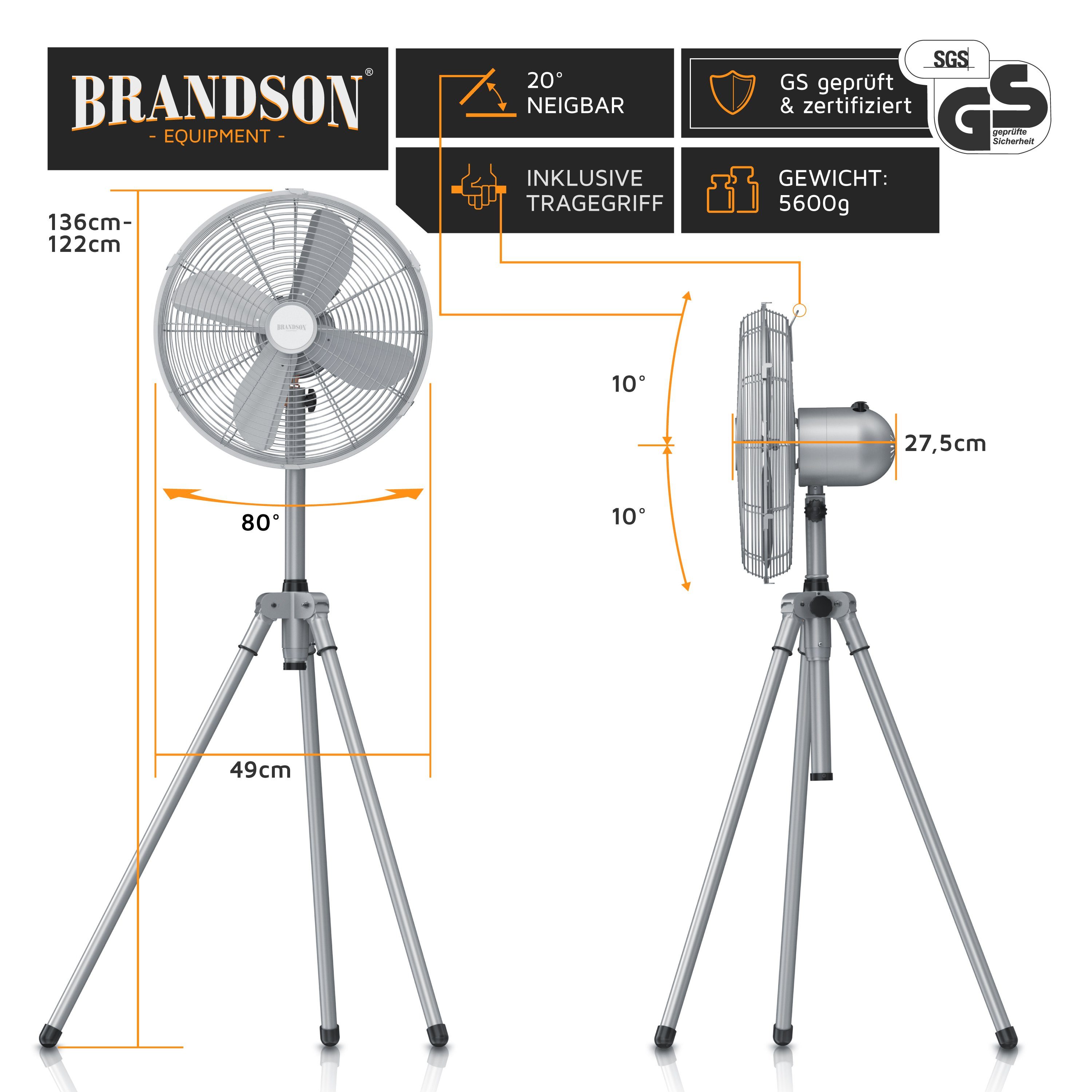 Brandson Standventilator Standlüfter, Dreibeinstativ, Metallgehäuse, Tripod Ventilator, 60 Watt, 49 cm Durchmesser, NTV Sieger 2026, mobiler Lüfter, 3 Geschwindigkeitsstufen, GS-Geprüft