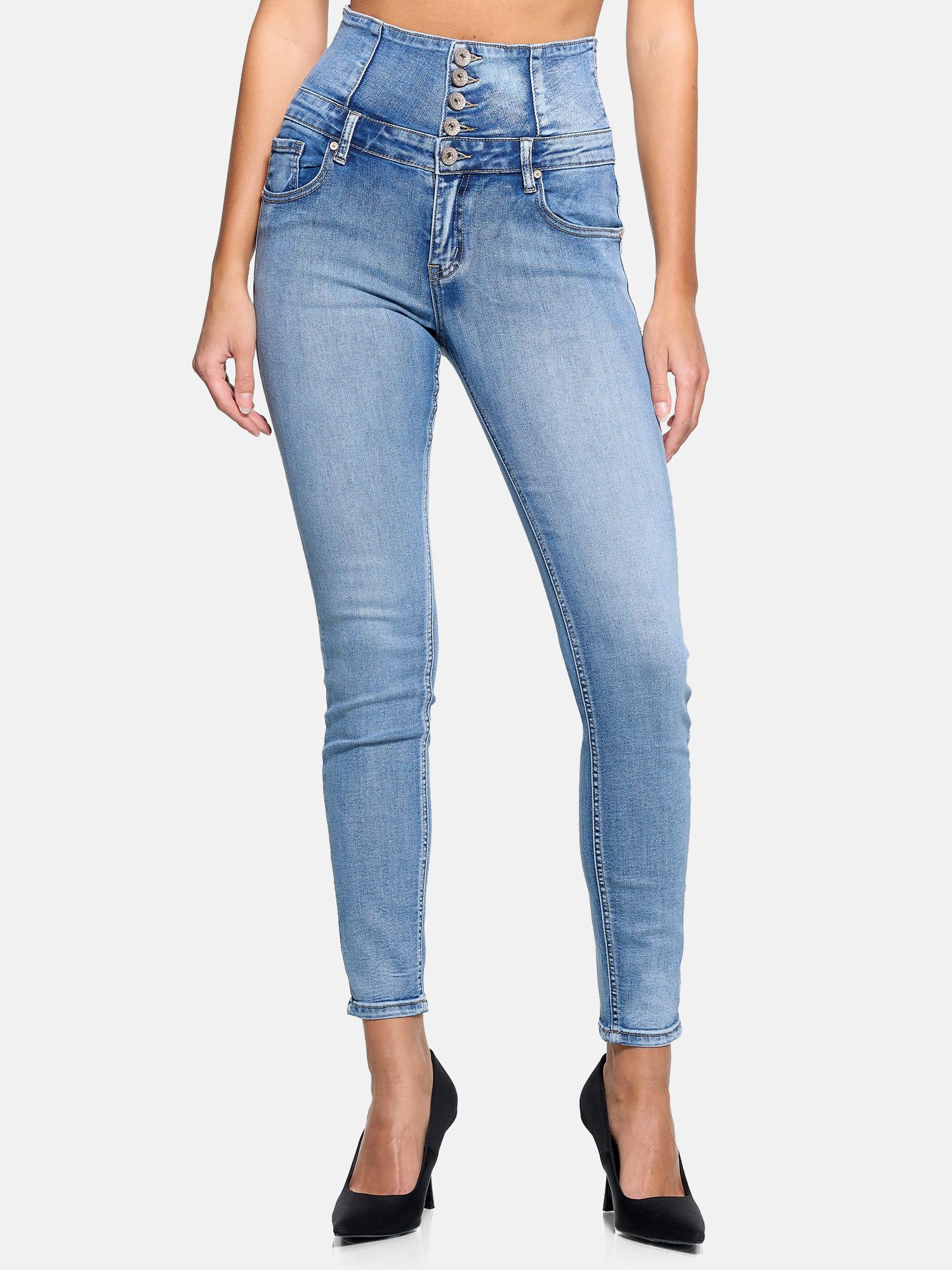 Elara Slim-fit-Jeans – Damen High Waist Jeans Skinny mit breitem Bund und Knopfleiste