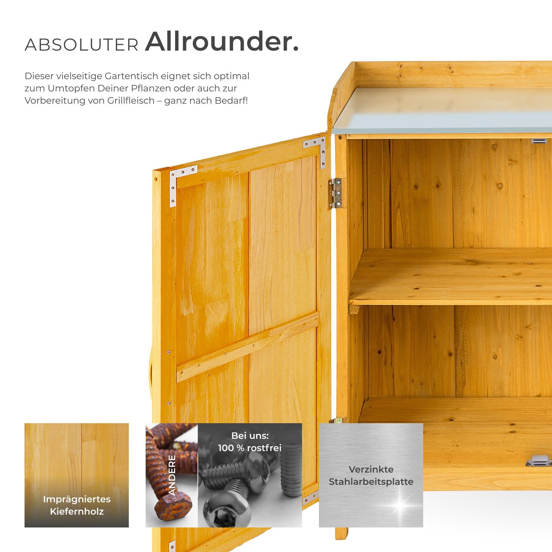 tectake Pflanztisch Gärtnertisch, Maße: 98 x 48 x 95 cm, Schutzleisten an 3 Seiten (Garten-Arbeitstisch Vita, 1-St., in braun), Pflanztisch mit Arbeitsplatte für den Außenbereich