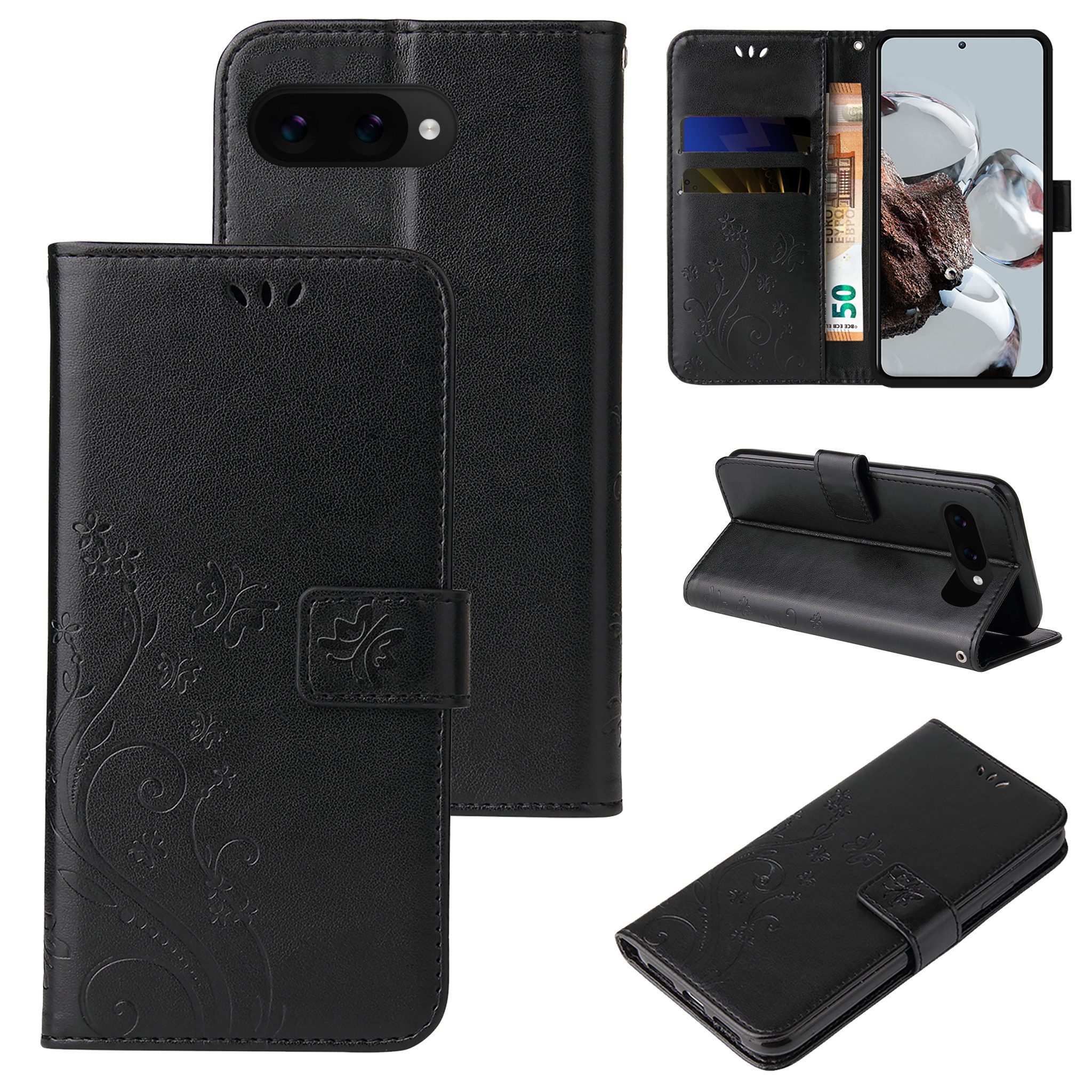 Tec-Expert Handyhülle Cover Tasche Hülle für Google Pixel 9a 6.3 Zoll, 6.3, Klapphülle Case mit Kartenfach Fliphülle aufstellbar, Motiv Blumen