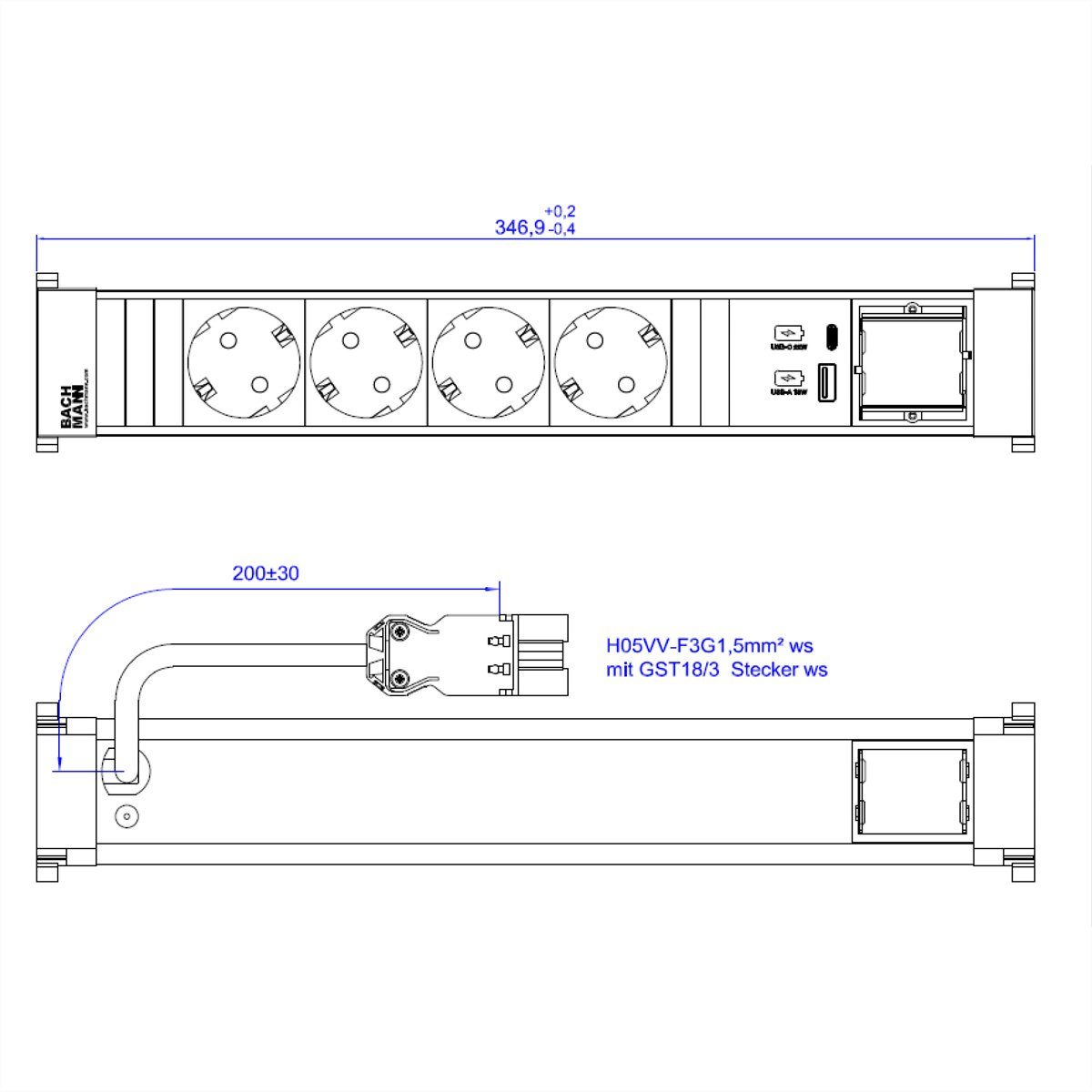 Bachmann POWER FRAME 4xCEE7/3 1xCM 1xUSB A/C 22W 0,2m RAL9010 Einbau-Tischsteckdosenleiste (Kabellänge 0.2 m), 916.704