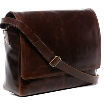 SID & VAIN Messenger Bag Leder Umhängetasche Unisex SPENCER, Laptoptasche 15 Zoll Echtleder, Businesstasche Damen Herren braun