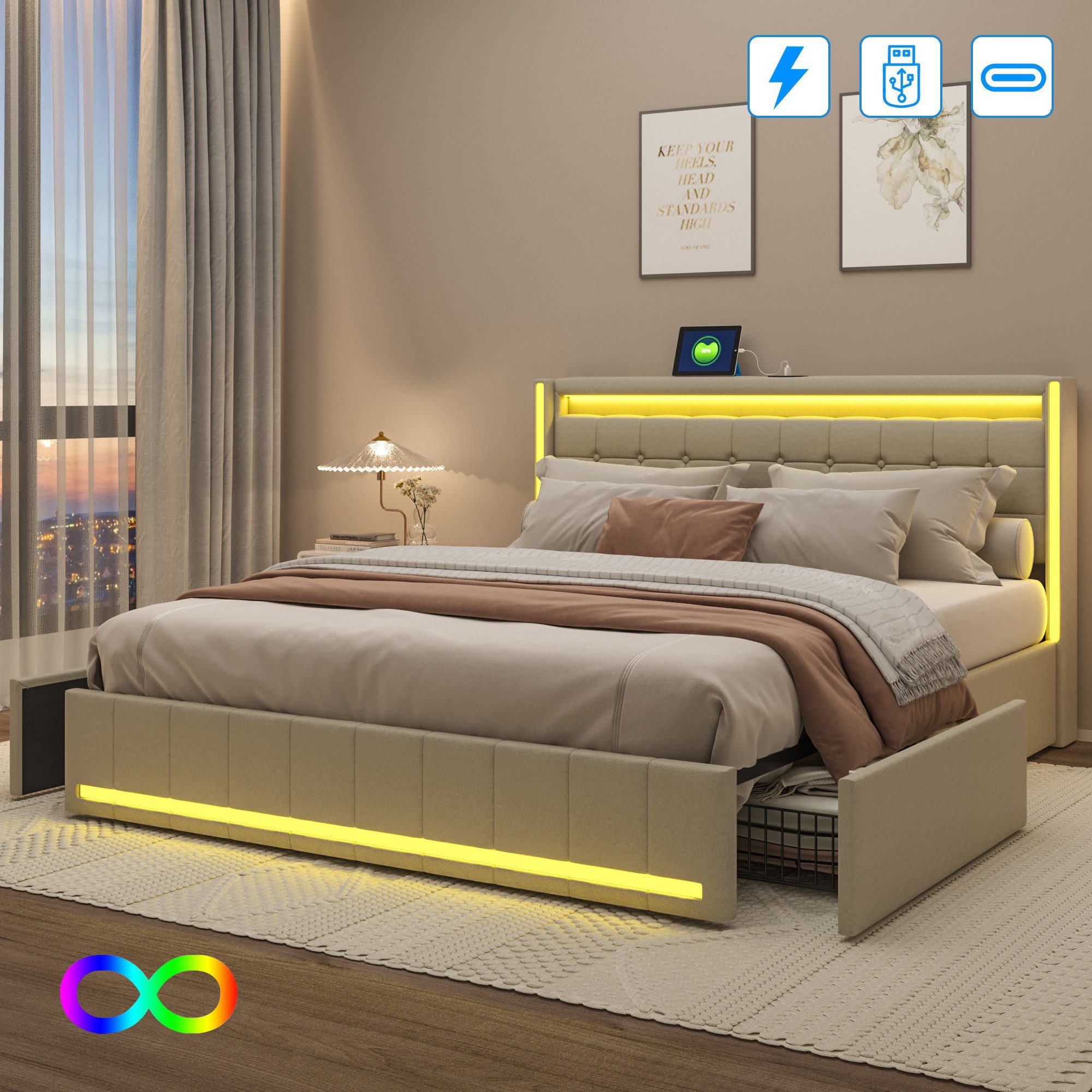 PXloue Polsterbett LED Doppelbett (Inklusive USB-Typ-C-Ladeanschluss), Stau günstig online kaufen