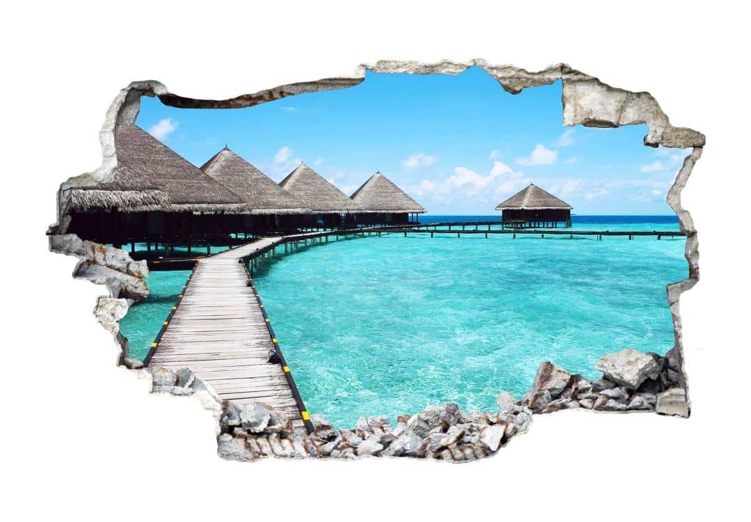 K&L Wall Art Wandtattoo 3D Aufkleber Bali Strandhaus Malediven blaues Meer Wandsticker, Mauerdurchbruch Wandbild selbstklebend