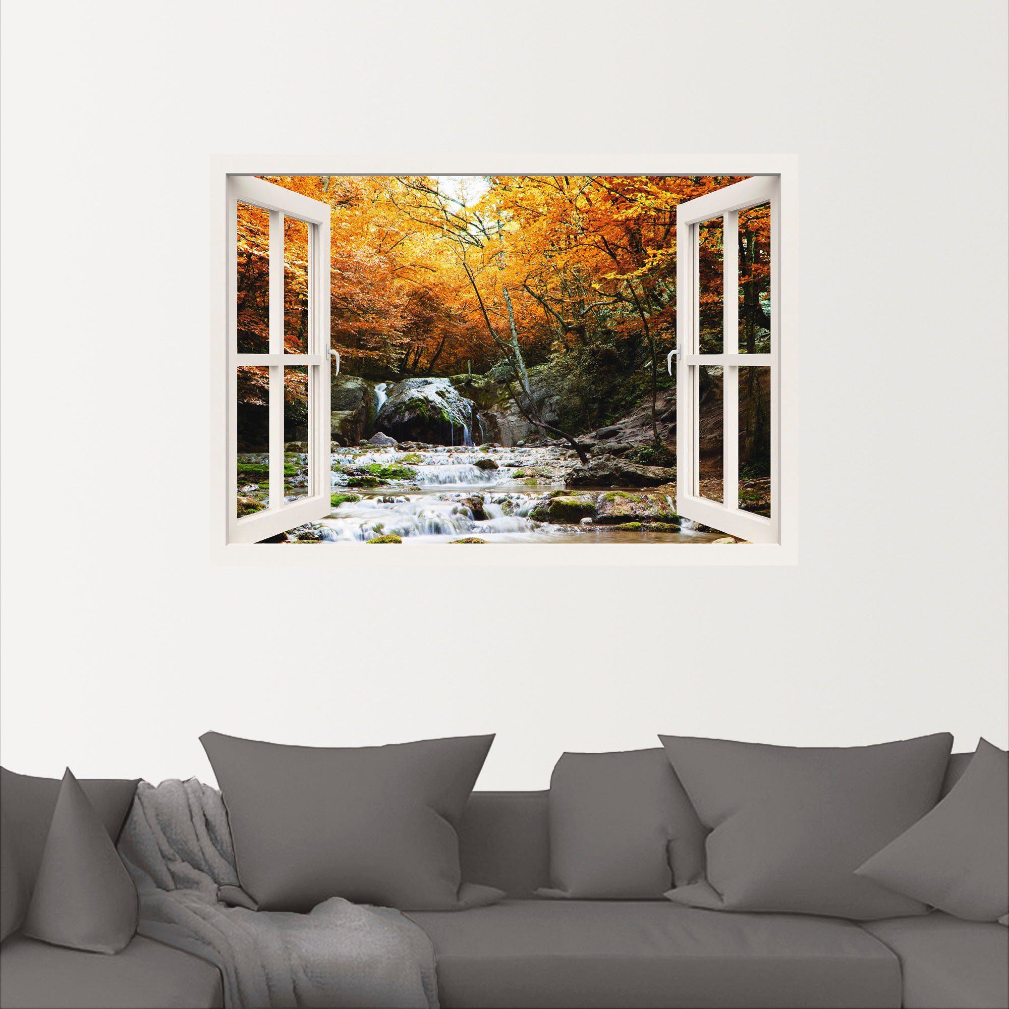 Artland Wandbild Fensterblick Leinwandbild, oder in (1 Wandaufkleber - Wasserfall, Fensterblick Größen versch. Poster als Herbstlicher St)