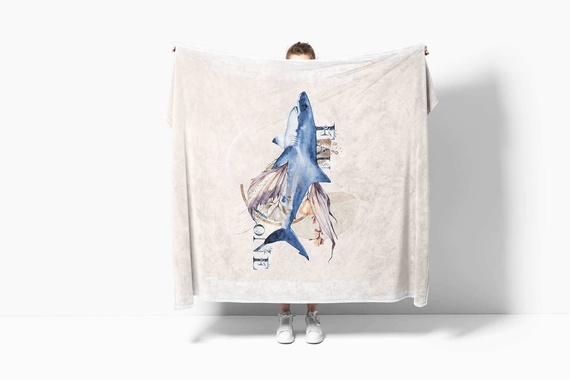 Art Kunstvoll Motiv, Handtuch (1-St), Handtuch Hai Baumwolle-Polyester-Mix Kuscheldecke Strandhandtuch Handtücher Ozean Saunatuch Sinus Raubfisch