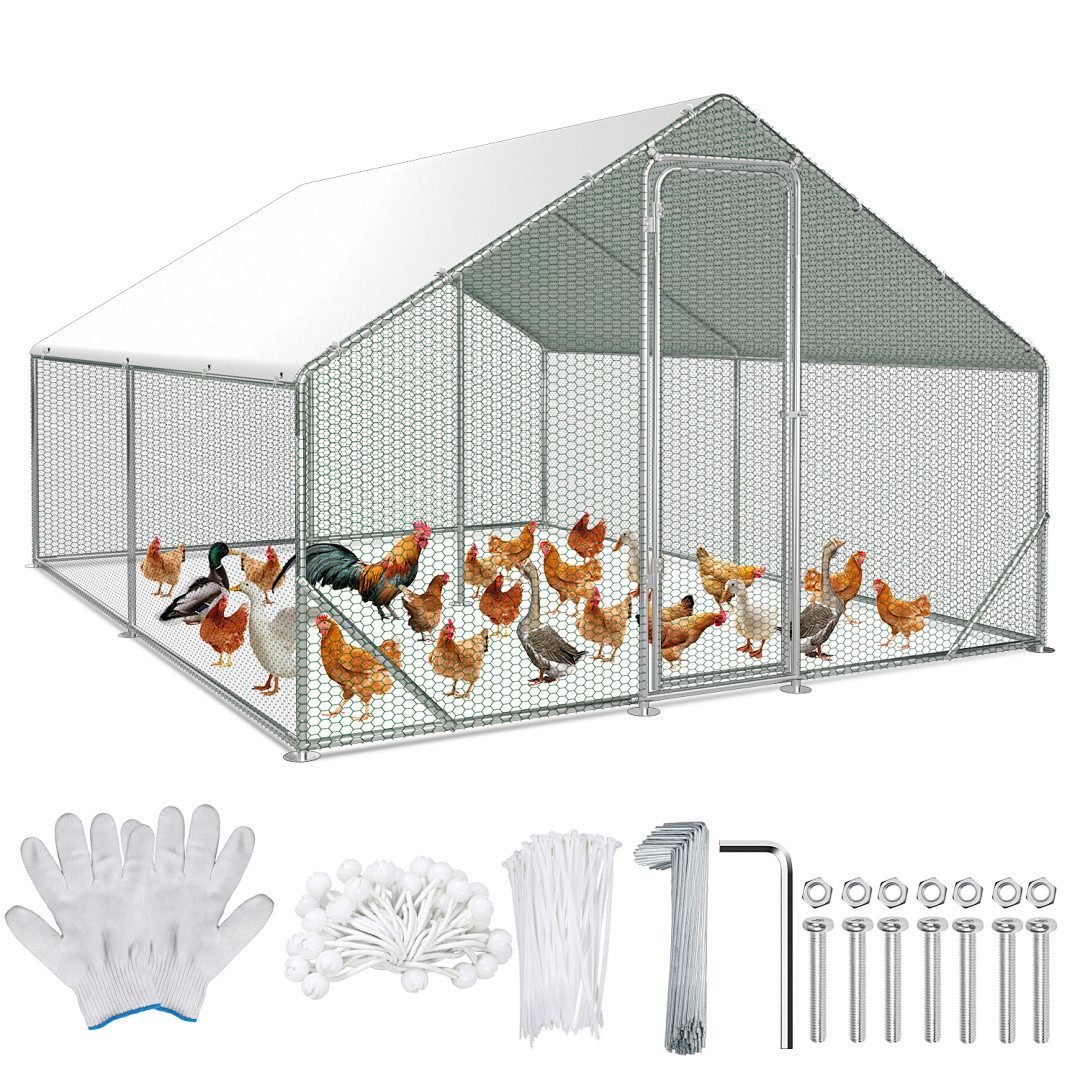 Clanmacy Hühnerstall 3x4x2m Hühnerstall aus Stahl mit UV-beständiger Abdeckung Voliere