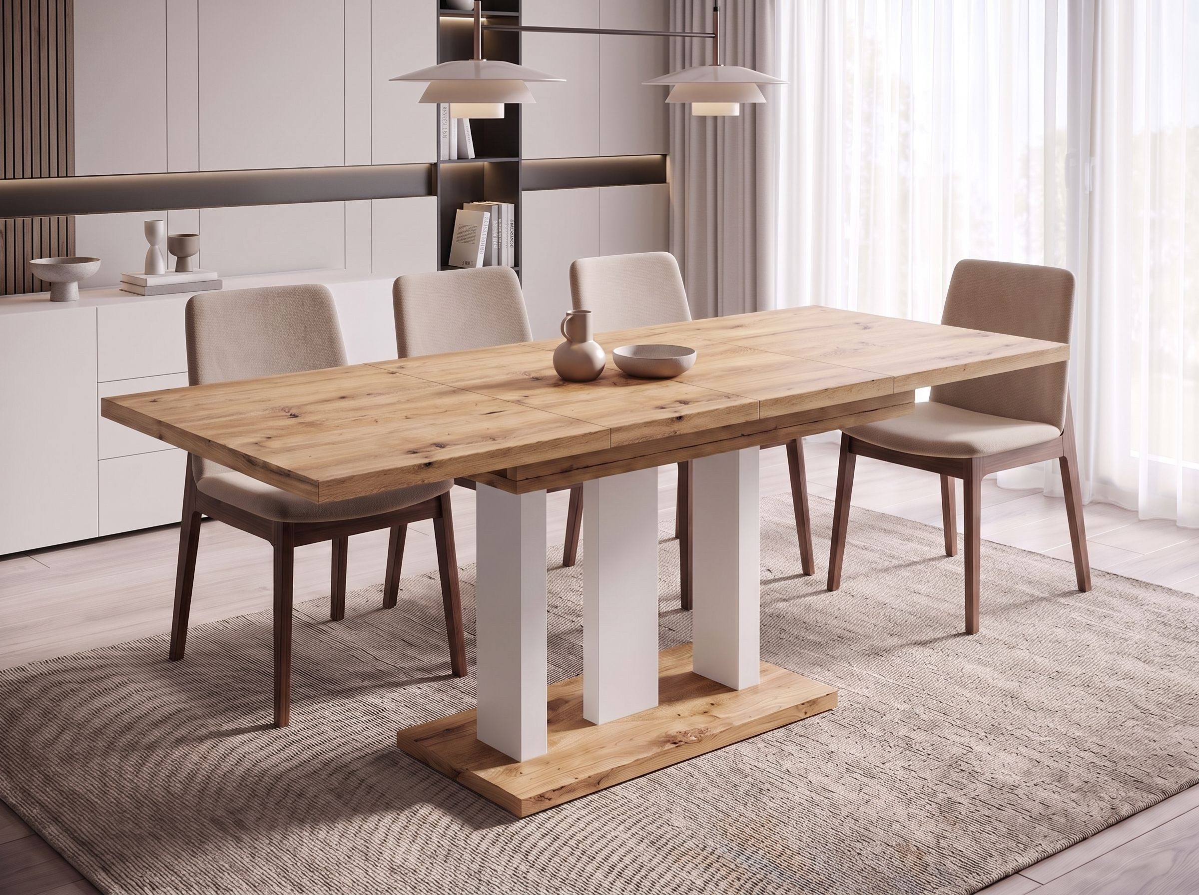 Endo-Moebel Säulen-Esstisch "Appia White" 130-210cm ausziehbar, erweiterbar, modern (1 Tisch), 2 Erweiterungsplatten, für 4, 6 oder 8 Personen, weiße Beine