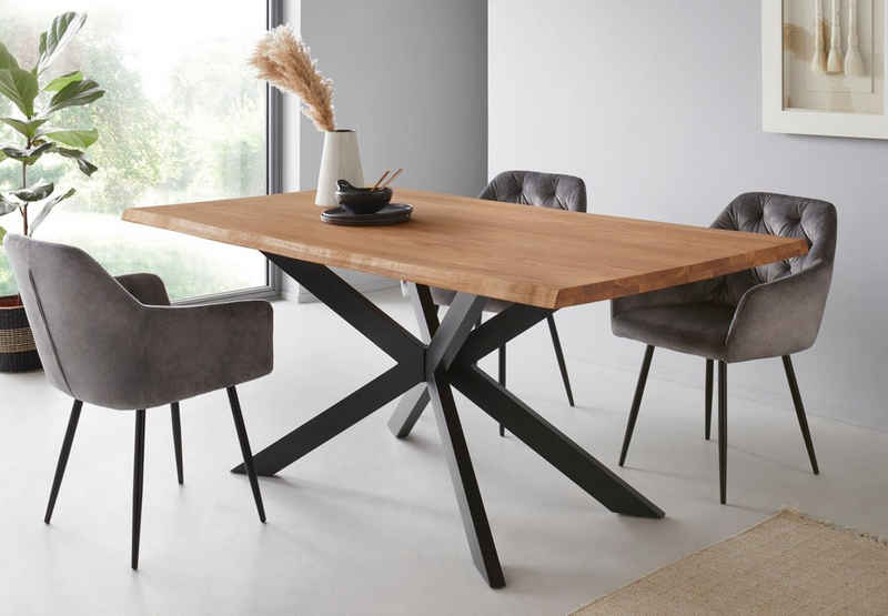 TaBoLe Möbel Baumkantentisch »Nevio«, Tischplatte aus Wildeiche Massivholz mit Baumkante Gestell Metall Spider