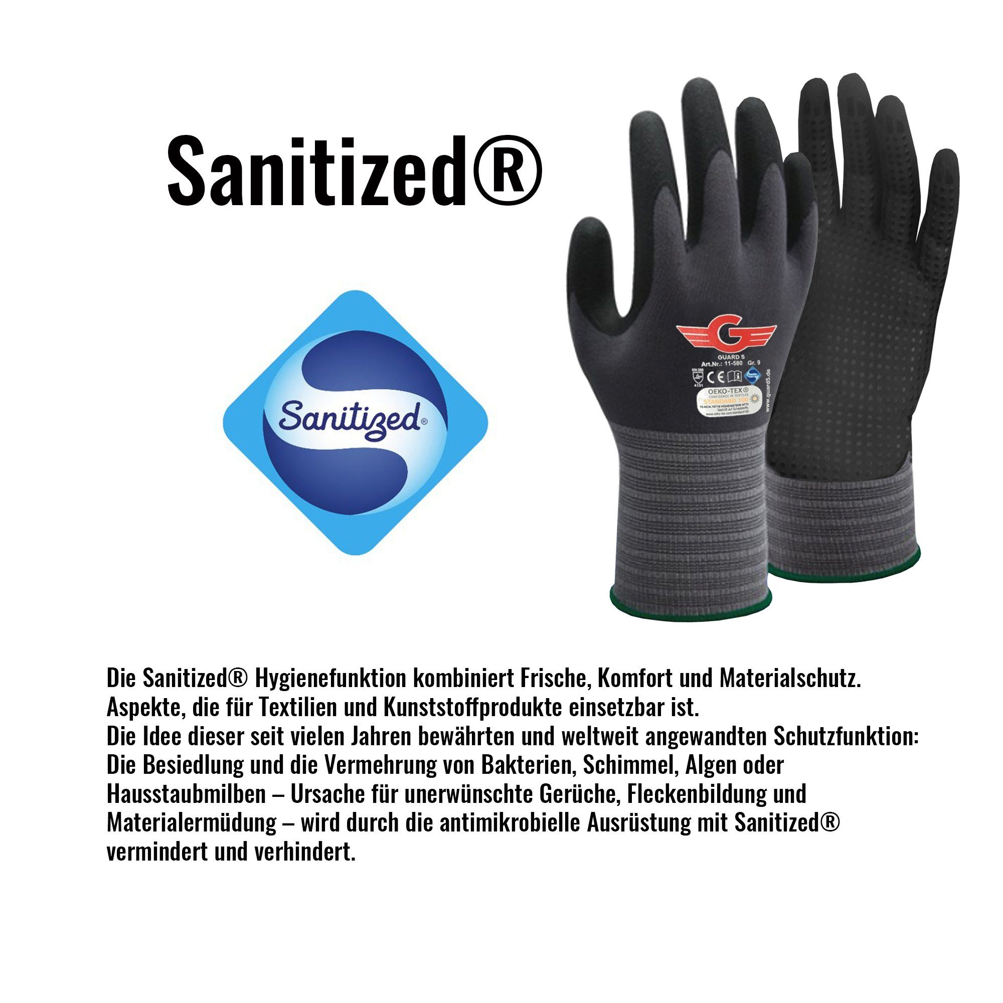 Arbeitshandschuhe Sanitized 5 Noppen (Art. Hygienefunktion mit Montagehandschuhe 11580GN) GUARD