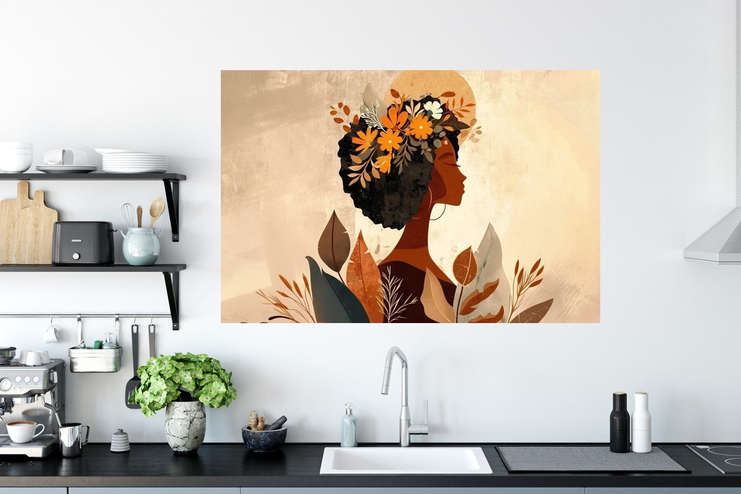 MuchoWow Wandsticker Frau - Locken - Blumen - Beige (1 St), Wanddeko, Aufkleber, Wandtattoo, 120x80 cm