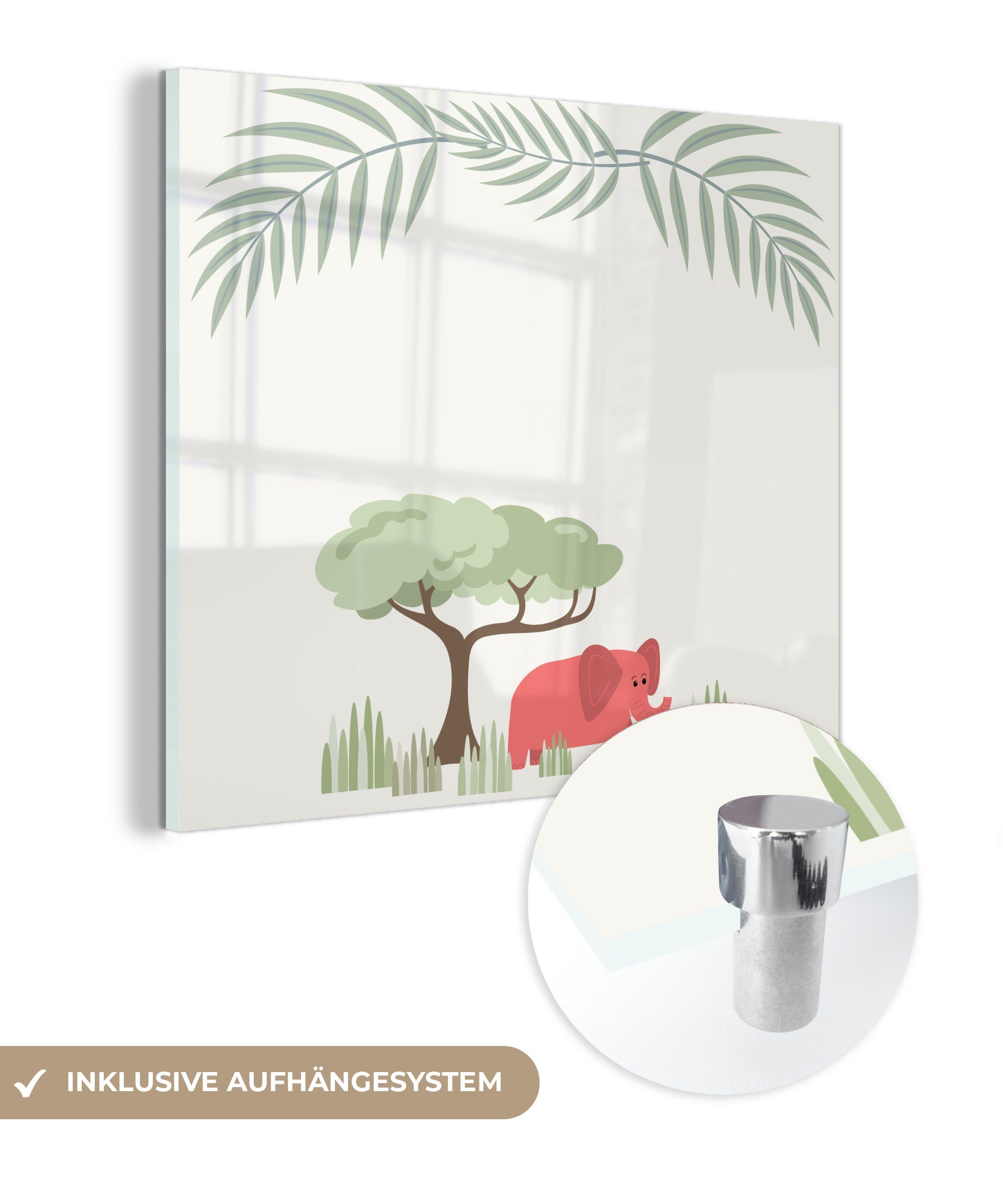 MuchoWow Acrylglasbild Illustration eines Elefanten mit tropischen Pflanzen, (1 St), Glasbilder - Bilder auf Glas Wandbild - Foto auf Glas - Wanddekoration
