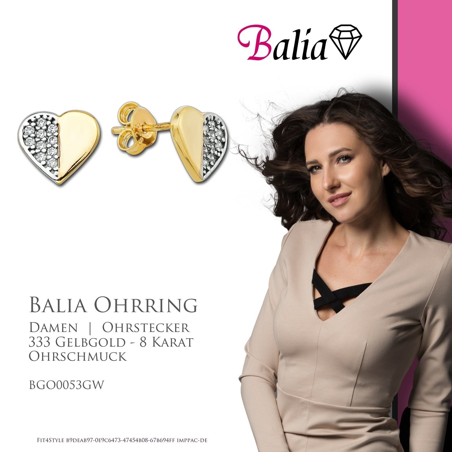 Balia Paar aus - Gold Karat, Gelbgold weiß, 8K Ohrstecker Farbe: 8 Damen (Ohrstecker), (Herz) Ohrstecker für 333 Ohrstecker gold Balia
