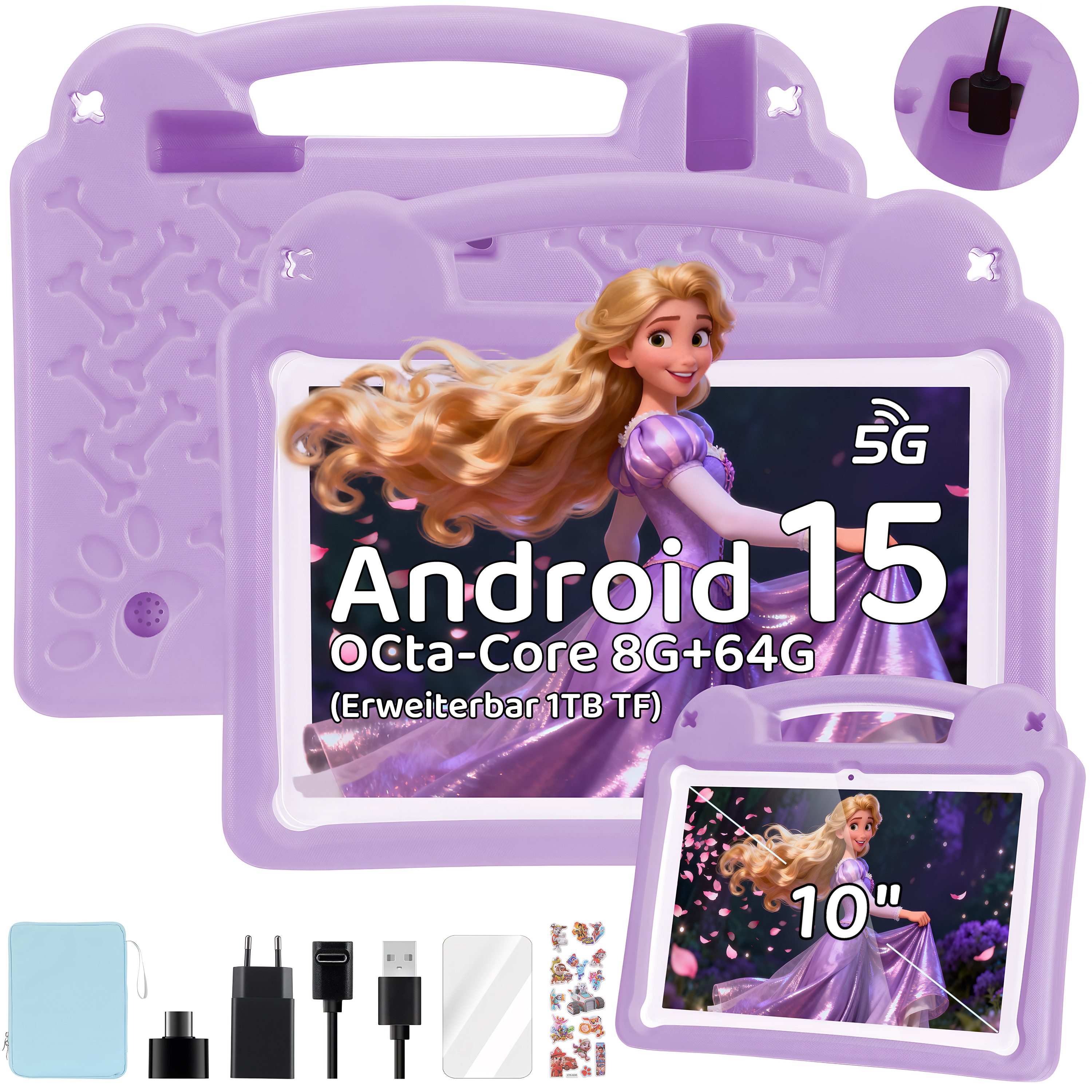 WILGOON 10.1'' Kids Android 15 mit Stylus Tablet A523 Octa Core bis 2.0 GHz HD Tablet (10.1", 64 GB, Android 15, 2.4G+5G WIFI6, 6000 mAh mit WiFi 6 Bluetooth 5.0 GMS mit Tasche+Sticker für Kinder)