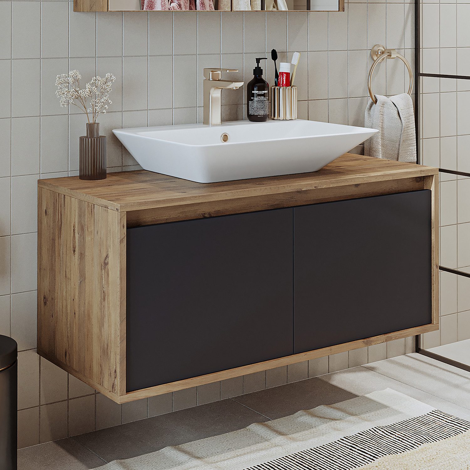 Roomart Badmöbel-Set ATLANTIC 100 cm, 5 Farben, opt. Keramik-Aufsatzbecken, Soft-Close, (Badezimmermöbel ATLANTIC 100cm in 5 Farben Waschtisch Unterschrank)
