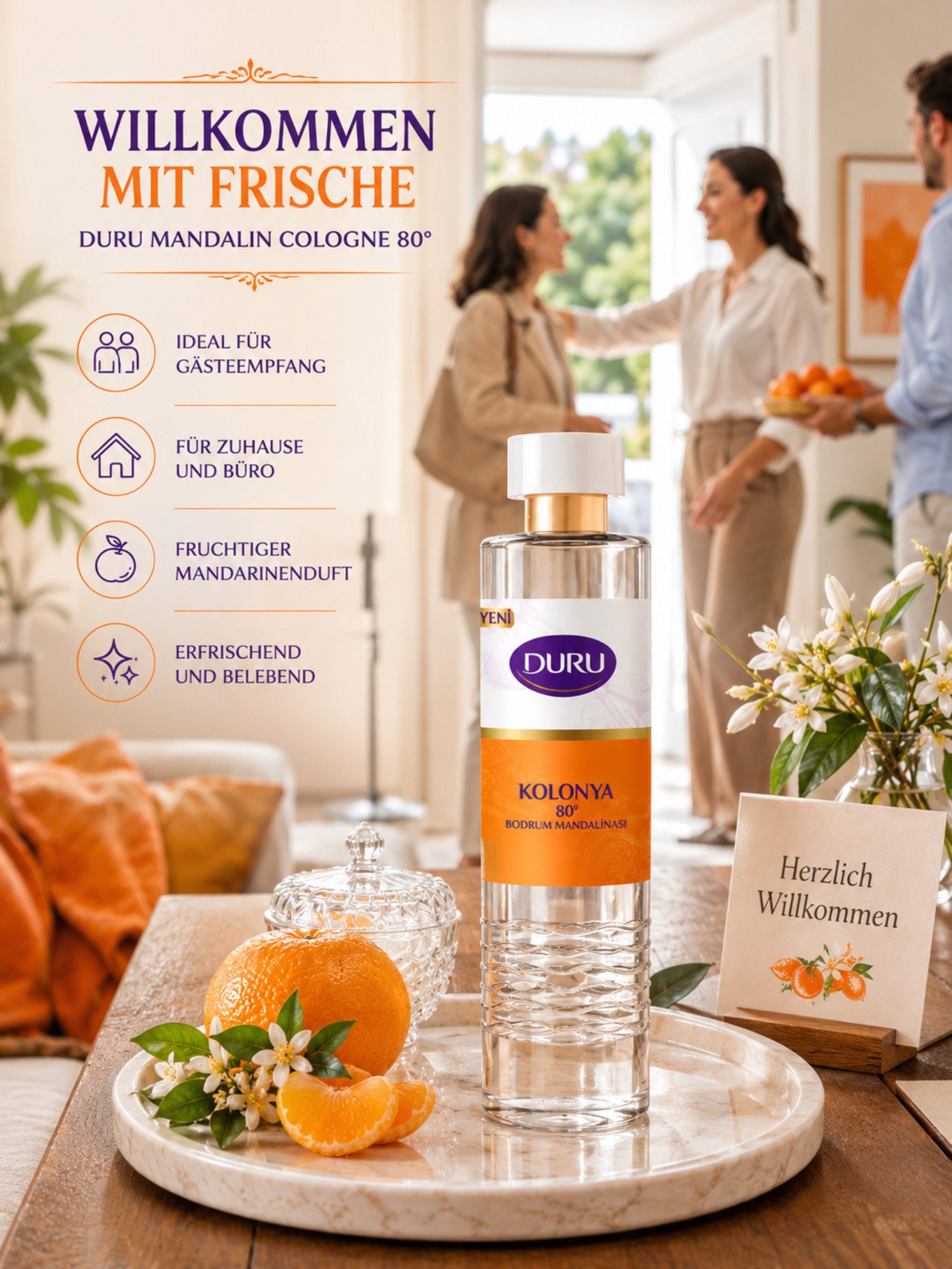 DURU Eau de Cologne Duru Premium Cologne Serie, Erfrischendes Kölnisch Wasser, Frischer Mandarinenduft, 80° Alkoholgehalt, Pet-flasche, 400 ml Inhalt