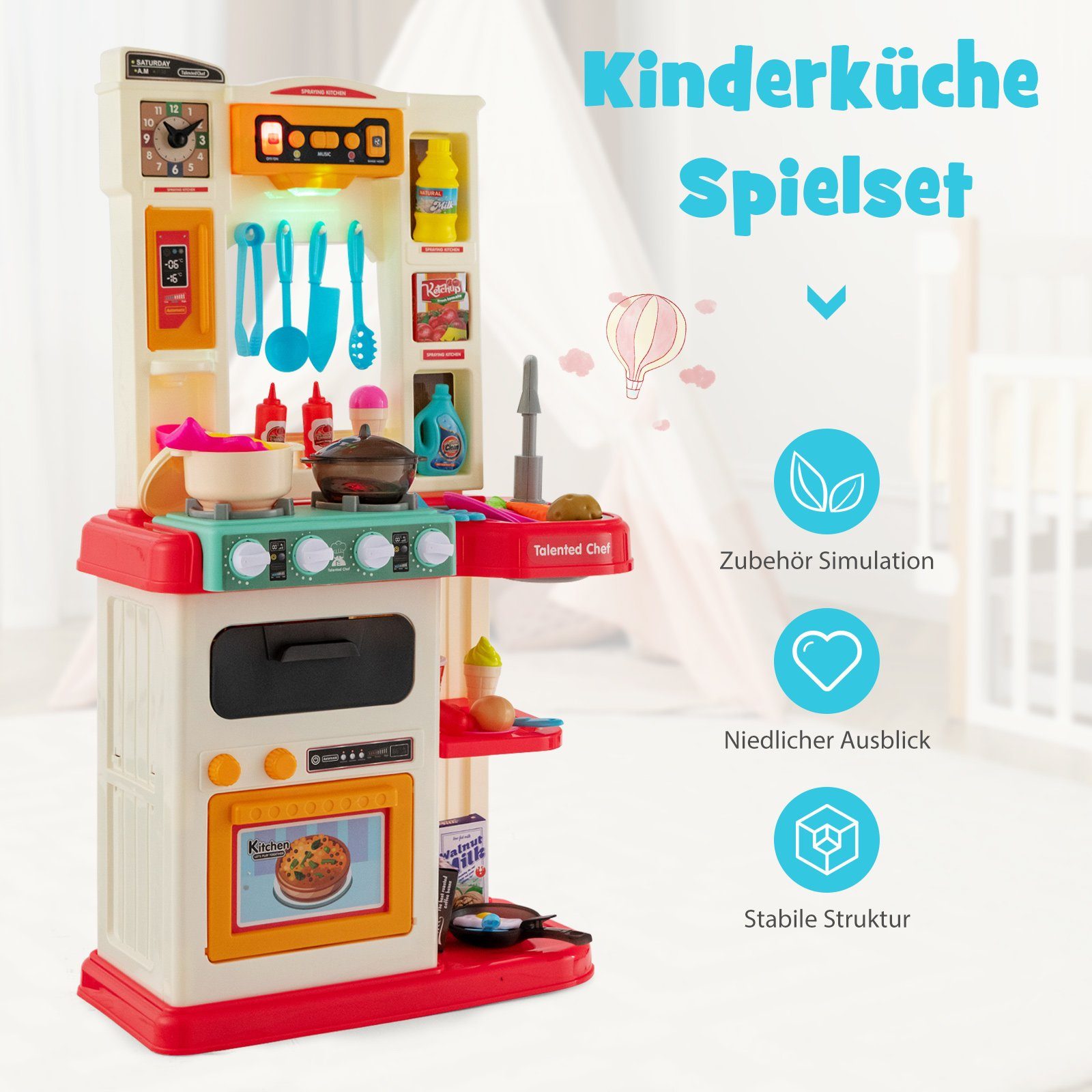 COSTWAY Spielküche Kinderküche Kunststoff, mit Lichter, Musik & Zubehör