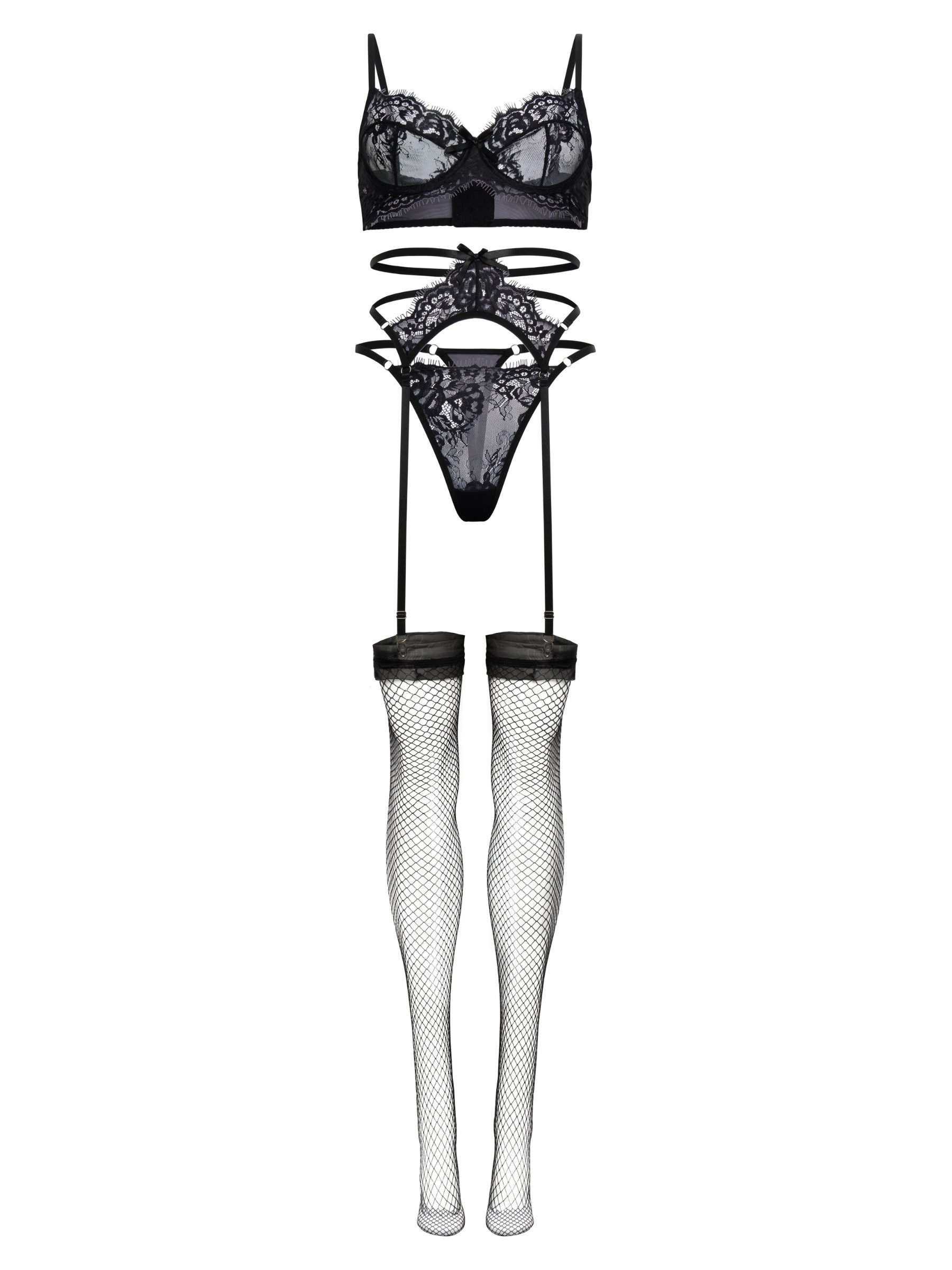 Elegant Love Set: Bralette-BH Dessous-Set aus Spitze – BH & Tangaslip mit Strapsen für Damen (Set, 4-tlg., Strümpfe, String, Strumpfhalter) Luxuriöses Lingerie-Set – Bügelloser BH mit Tanga, Reizwäsche-Set