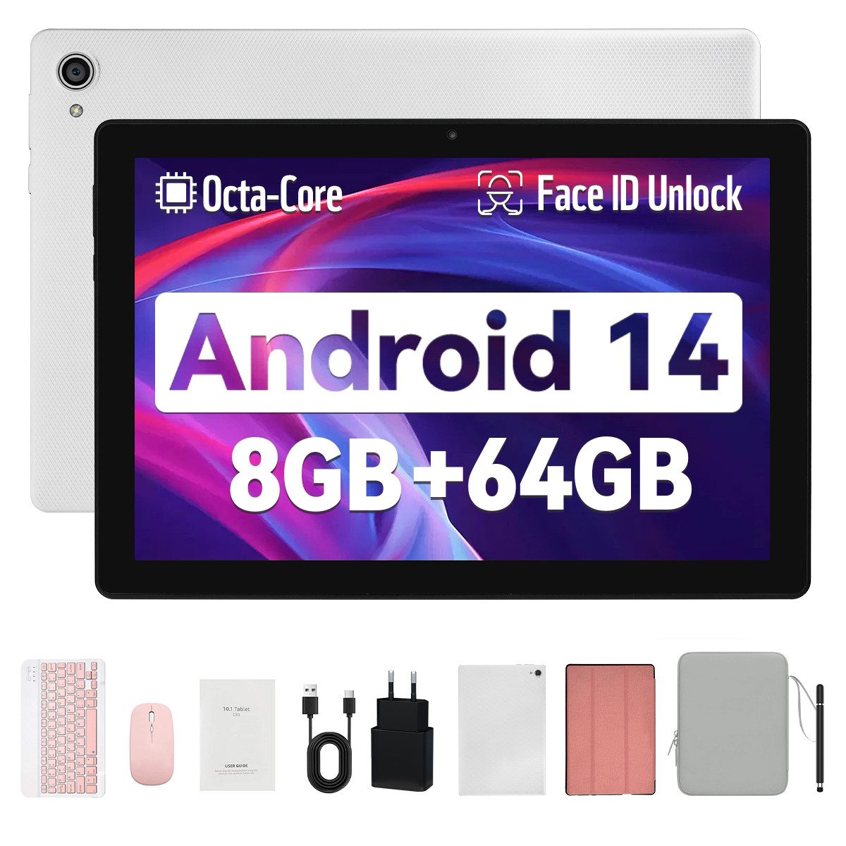 Happybe 10 Zoll Android 14 64GB ROM Erweiterbar auf 1TB, 1280x800 5000mAh Tablet (10", 64 GB, Android, WiFi6, mit Tastatur/Maus/Stift/hülle/Tasche, Dual-Kamera)