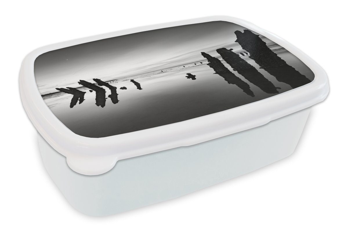MuchoWow Lunchbox Wattenmeer - Schwarz - Weiß - Holz, Kunststoff, (2-tlg), Brotbox für Kinder und Erwachsene, Brotdose, für Jungs und Mädchen