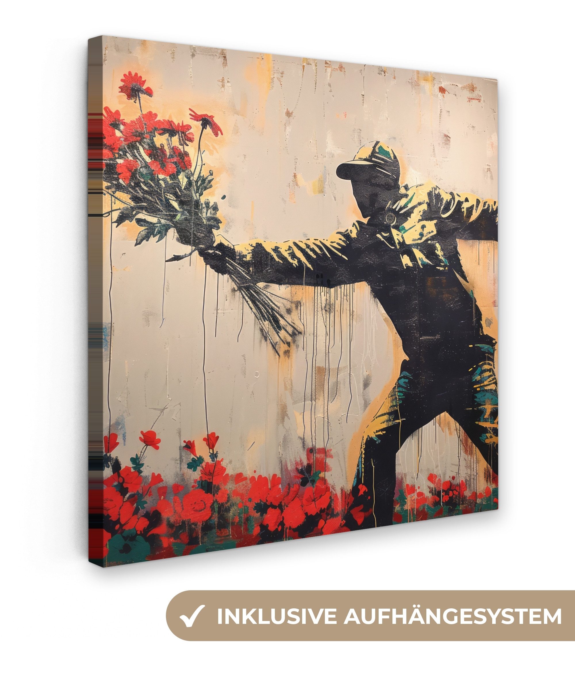 OneMillionCanvasses® Leinwandbild Straßenkunst - Mann - Blumen - Graffiti - Banksy-Stil, Fotodruck (1 St), Wandbild, Deko Schlafzimmer Wohnzimmer Flur 20x20 cm