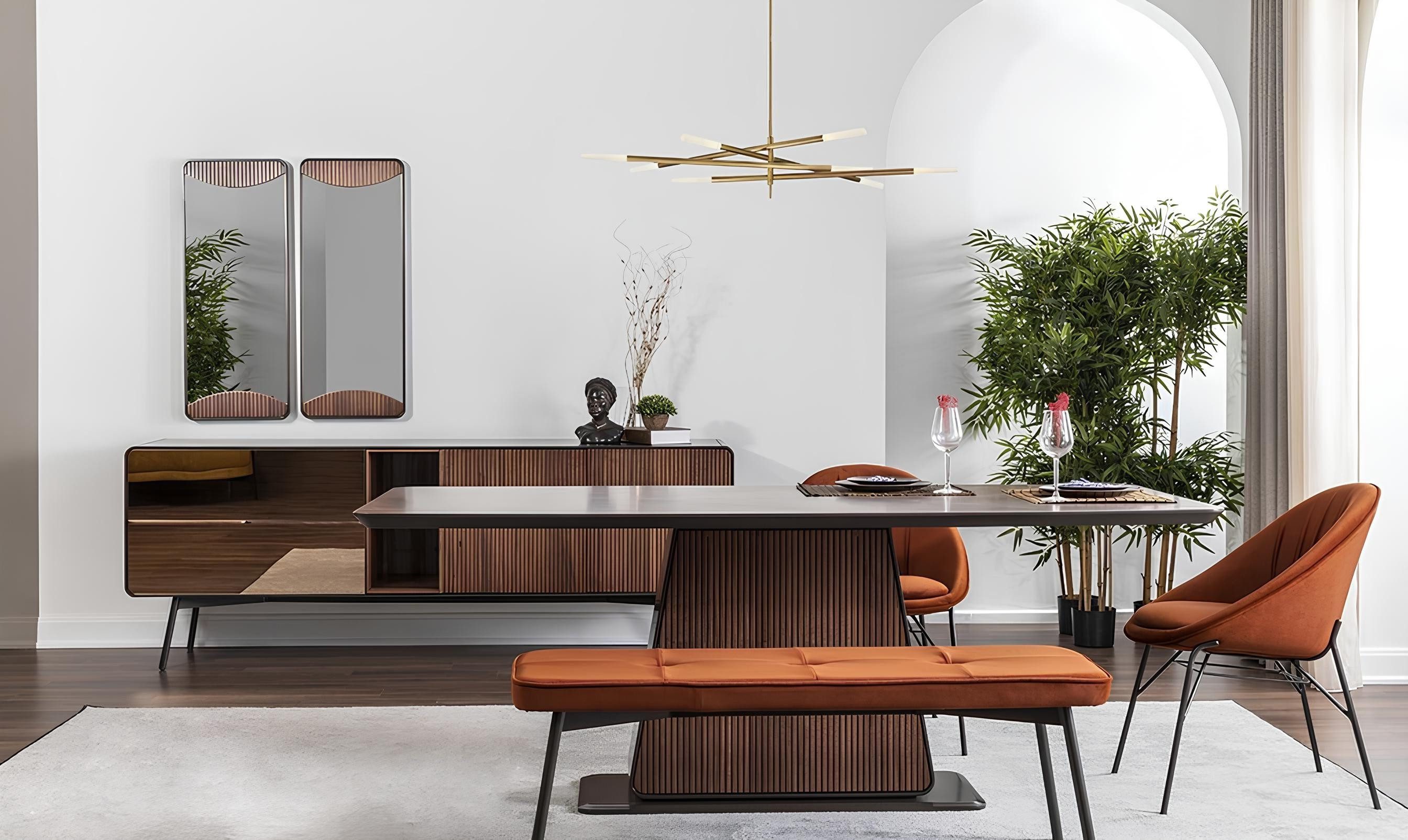 Xlmoebel Essgruppe Eckbank mit Tisch in Braun und Orange für den Essbereich, (Essgruppe, 8-tlg., Esstisch, 6x Stühle, Bank), Hergestellt in Europa