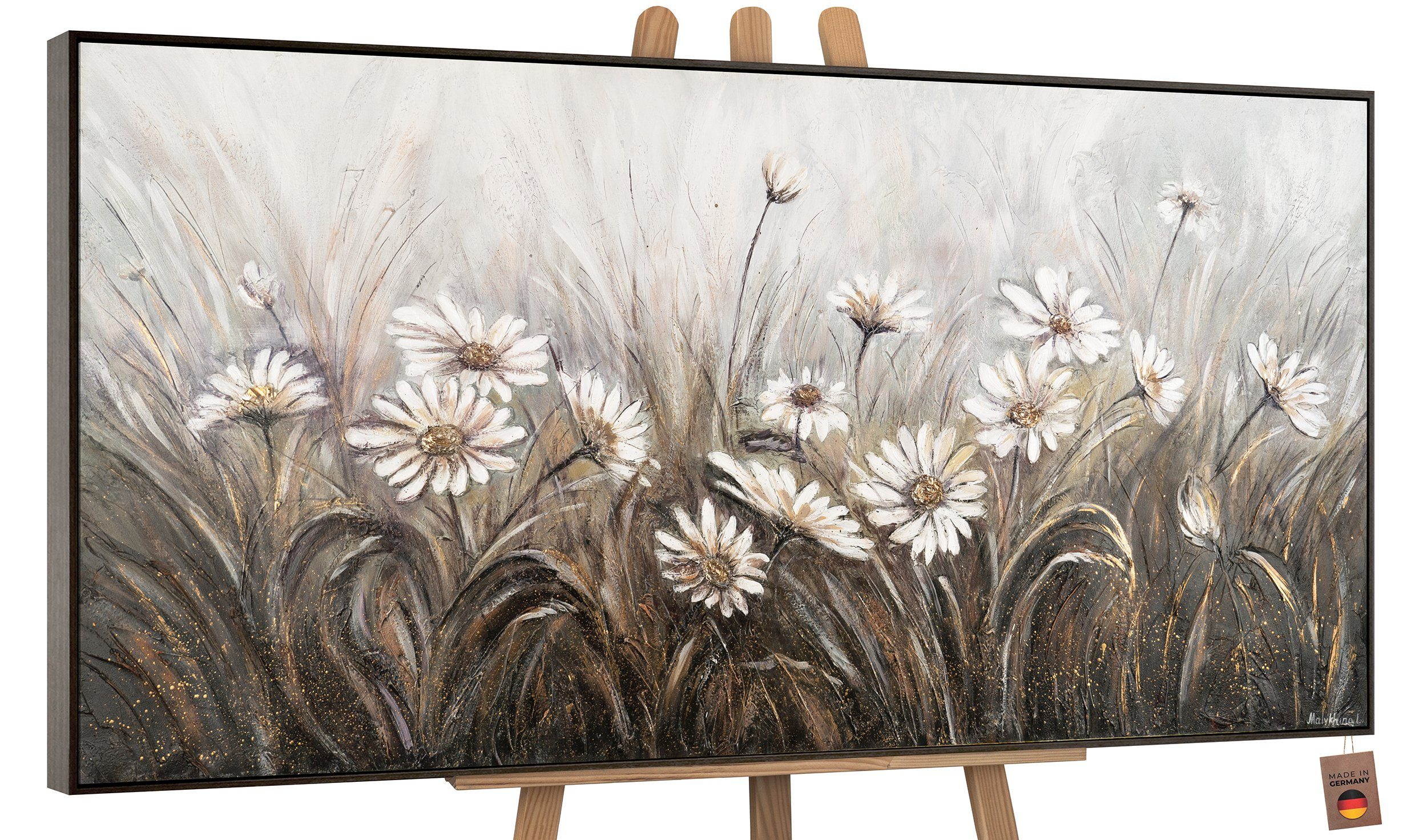YS-Art Gemälde Gänseblümchen, Blumen, Blumen Leinwand Bild Handgemalt Schwarz Weiß Mit Rahmen in Grau