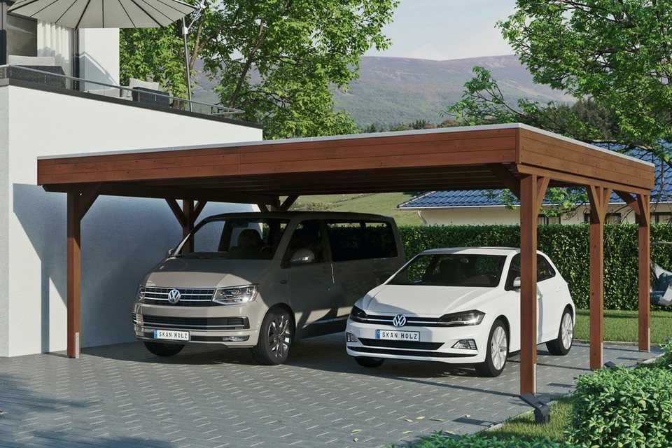 Skanholz Doppelcarport Grunewald, BxT: 622x554 cm, 590 cm Einfahrtshöhe,  mit Aluminiumdach, Flachdach mit Aluminium-Dachplatten, farblich behandelt  in nussbaum