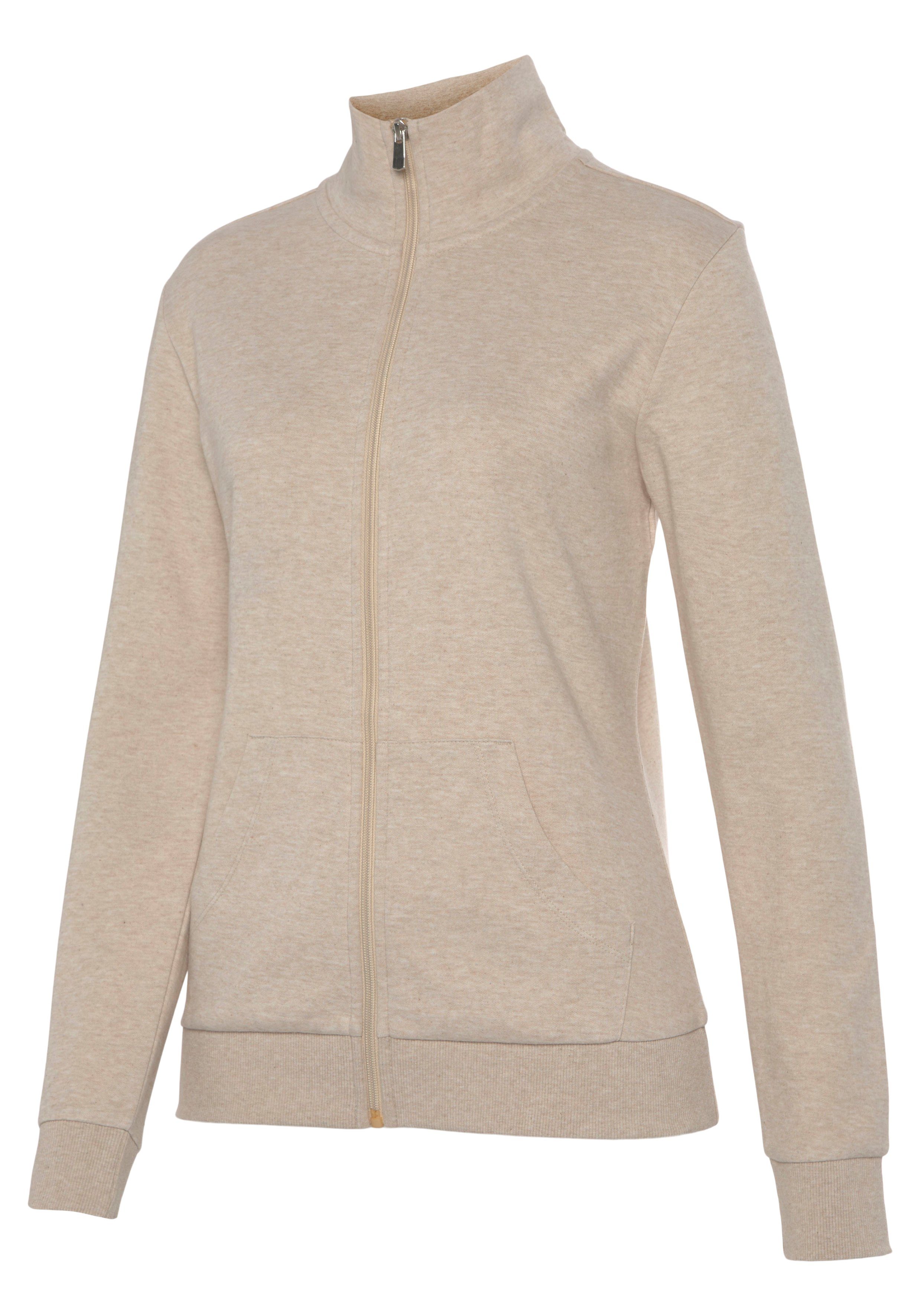 Loungejacke mit am Sweatjacke - Logostickerei Bench. beige Loungeanzug glänzender Loungewear Loungewear, meliert Stehkragen,