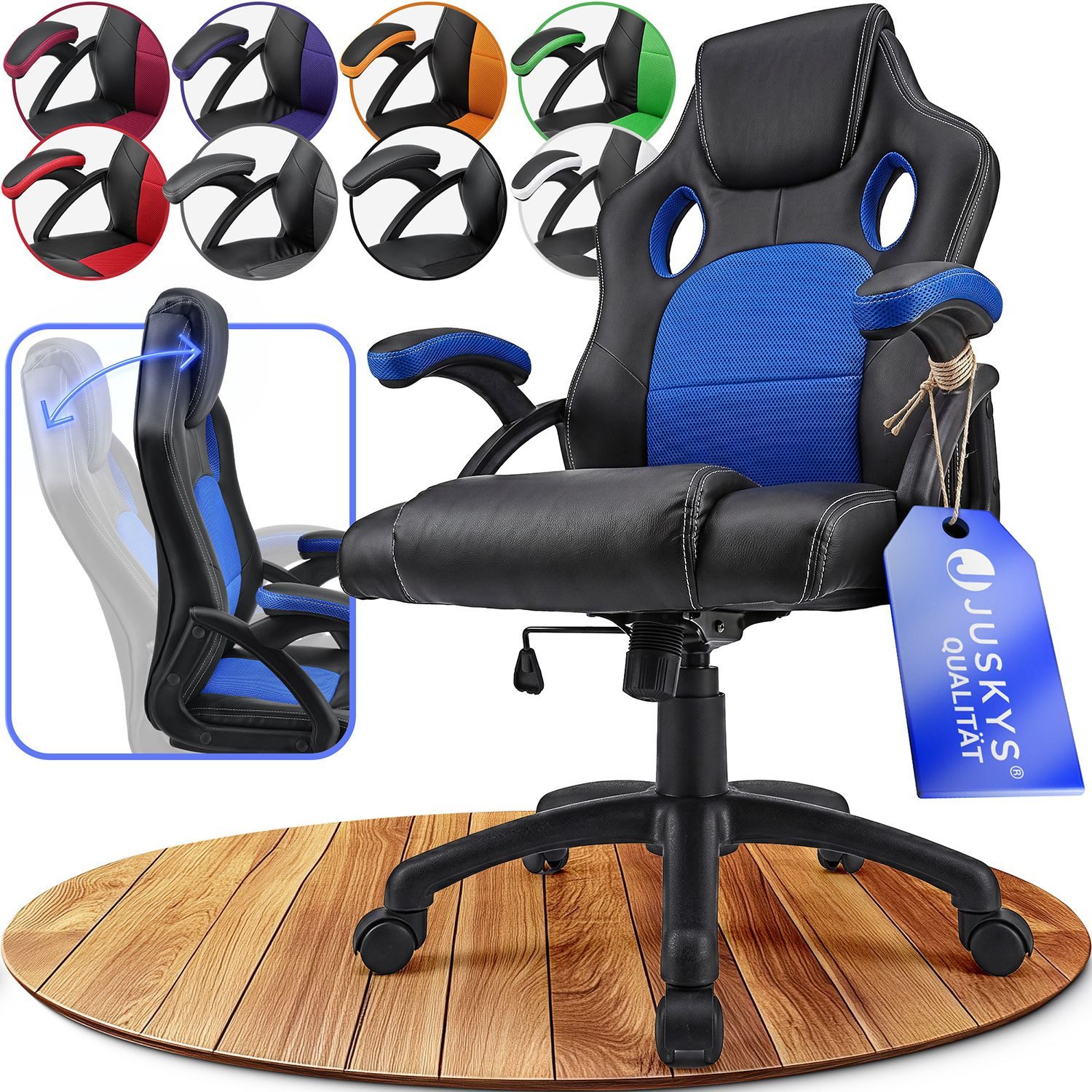 Juskys Gaming-Stuhl Montreal, Ergonomisch geformte Sitzfläche, Rückenlehne und Sitzfläche kippbar